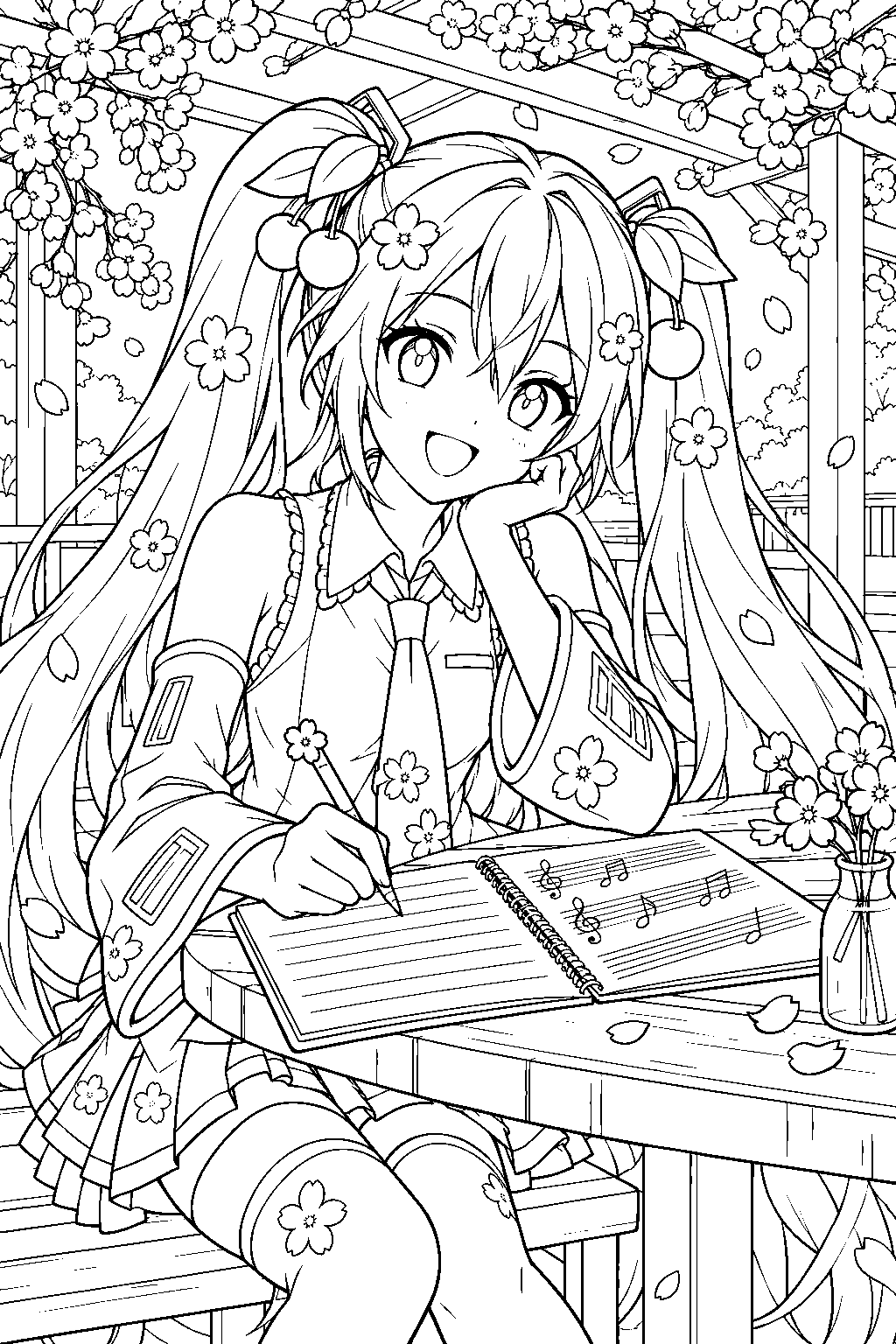 sakura miku writing spring song lyrics beneath a cherry blossom pergola line art