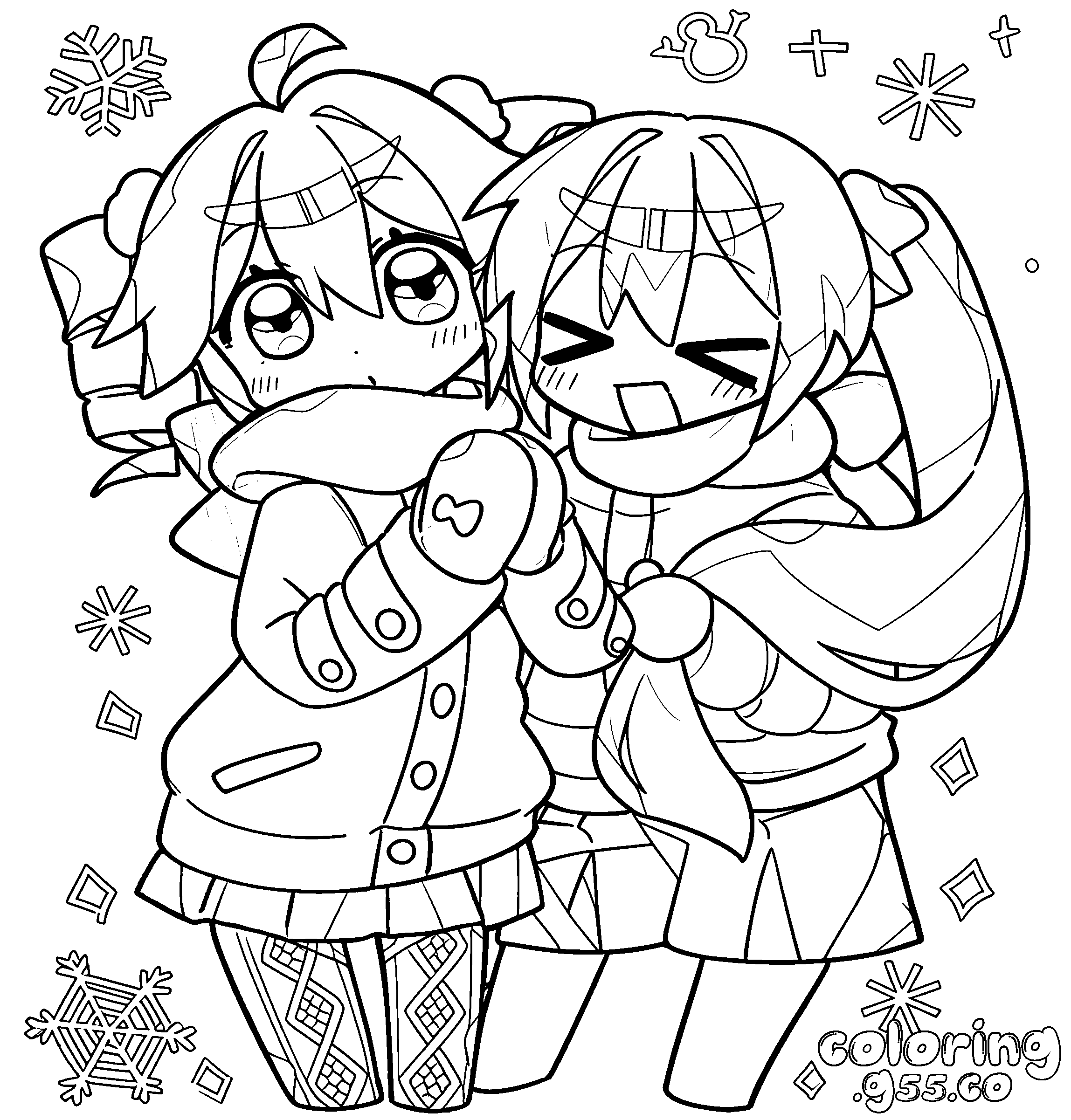 chibi hatsune miku and kasane teto winter line art