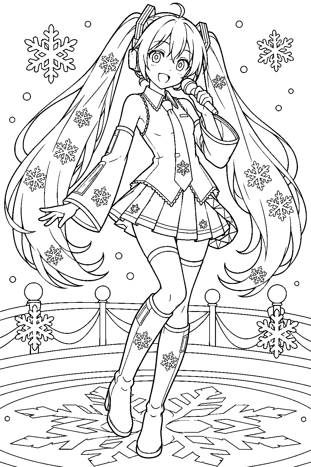 snow miku 2010 singing into a microphone on a snowflake concert stage line art