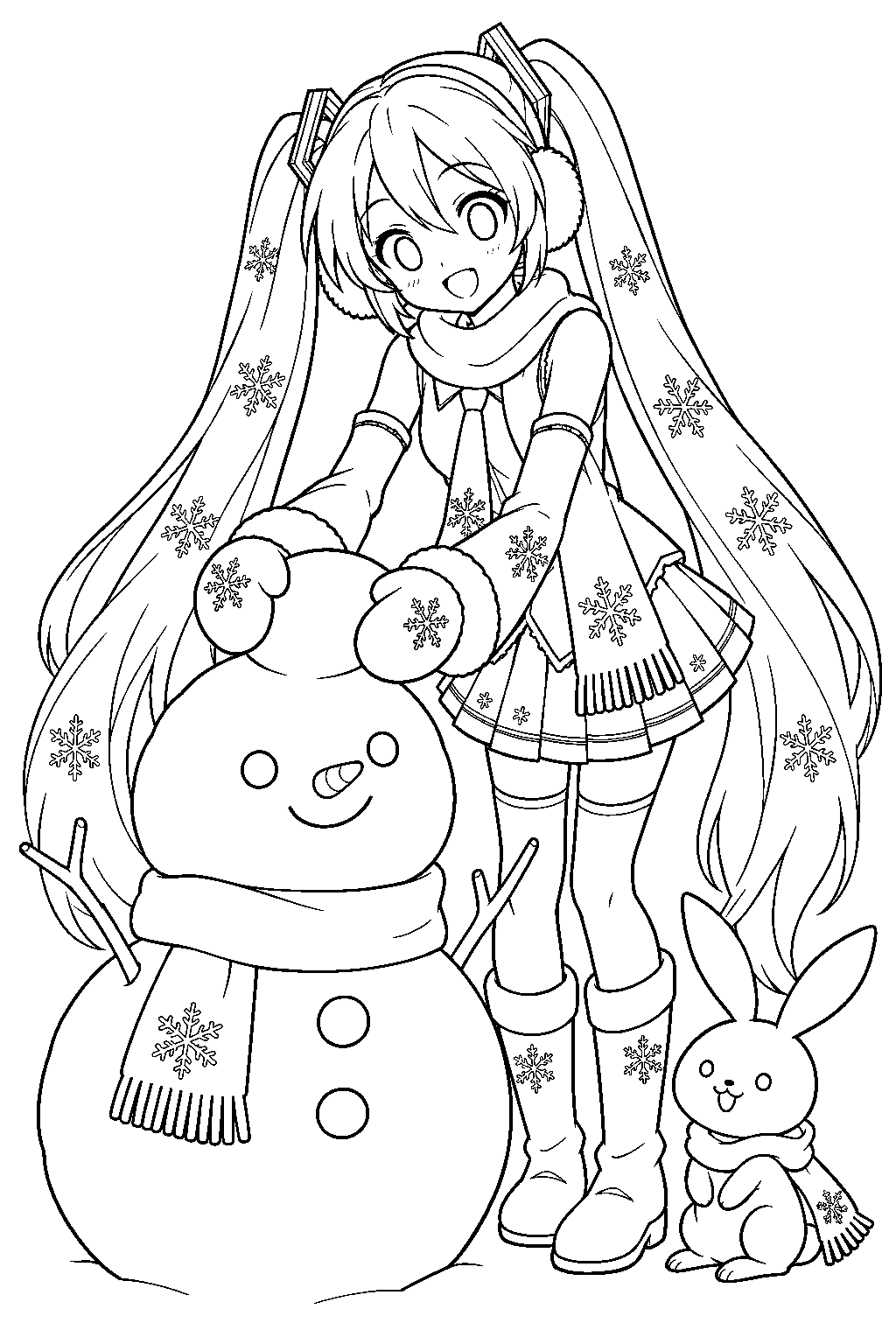 snow miku 2011 wearing earmuffs and mittens while building a snowman line art
