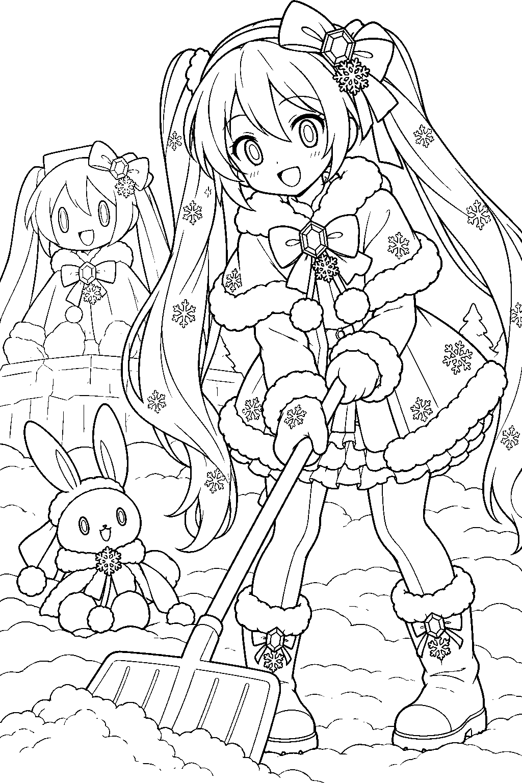 snow miku 2012 fluffy coat clearing snow with a shovel beside an ice sculpture line art