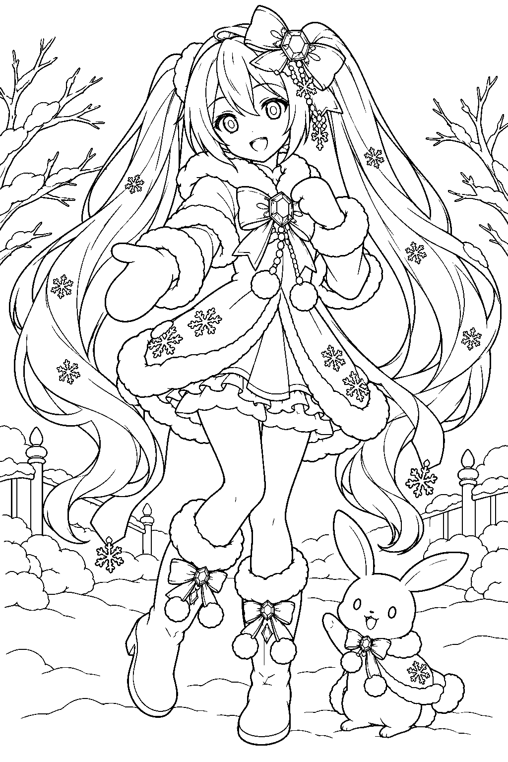 snow miku 2012 fluffy coat wearing her jeweled ribbon in a snowy winter garden line art