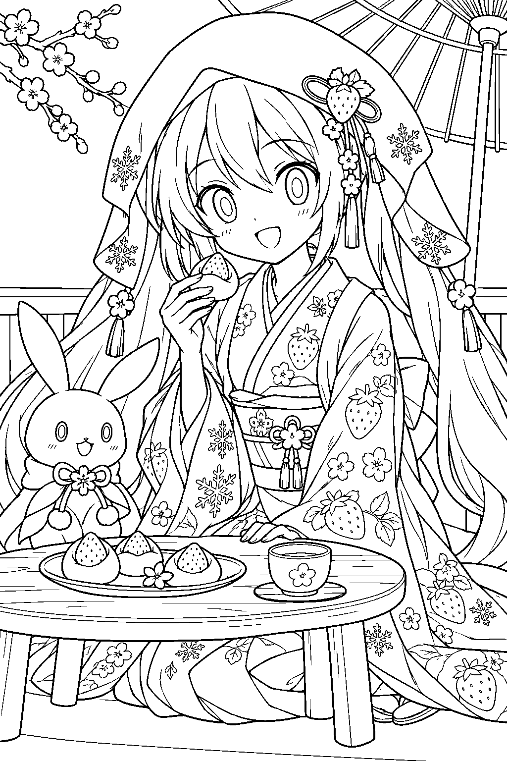snow miku 2013 strawberry white kimono enjoying strawberry sweets at a low tea table line art