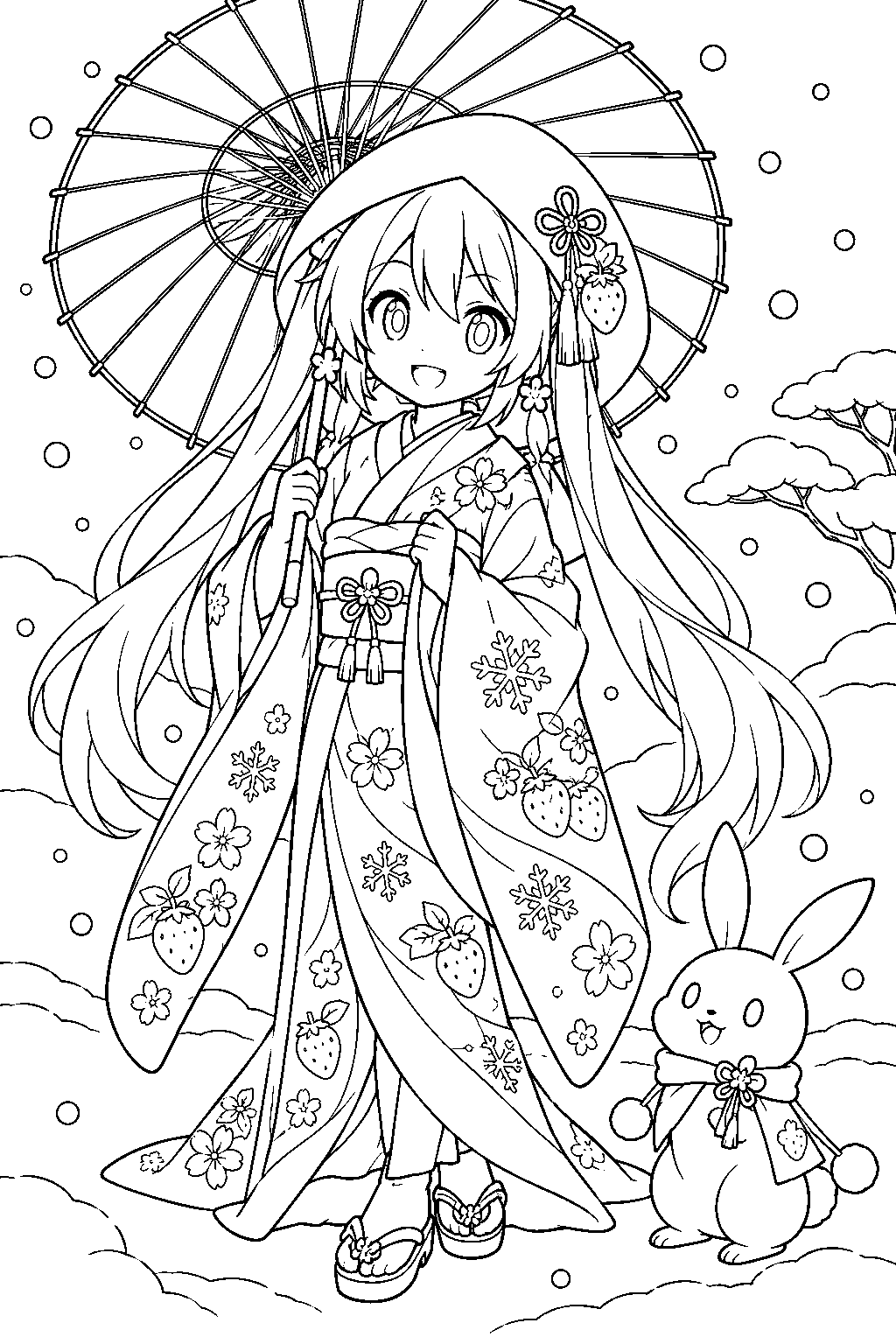 snow miku 2013 strawberry white kimono holding a japanese umbrella beneath falling snow line art