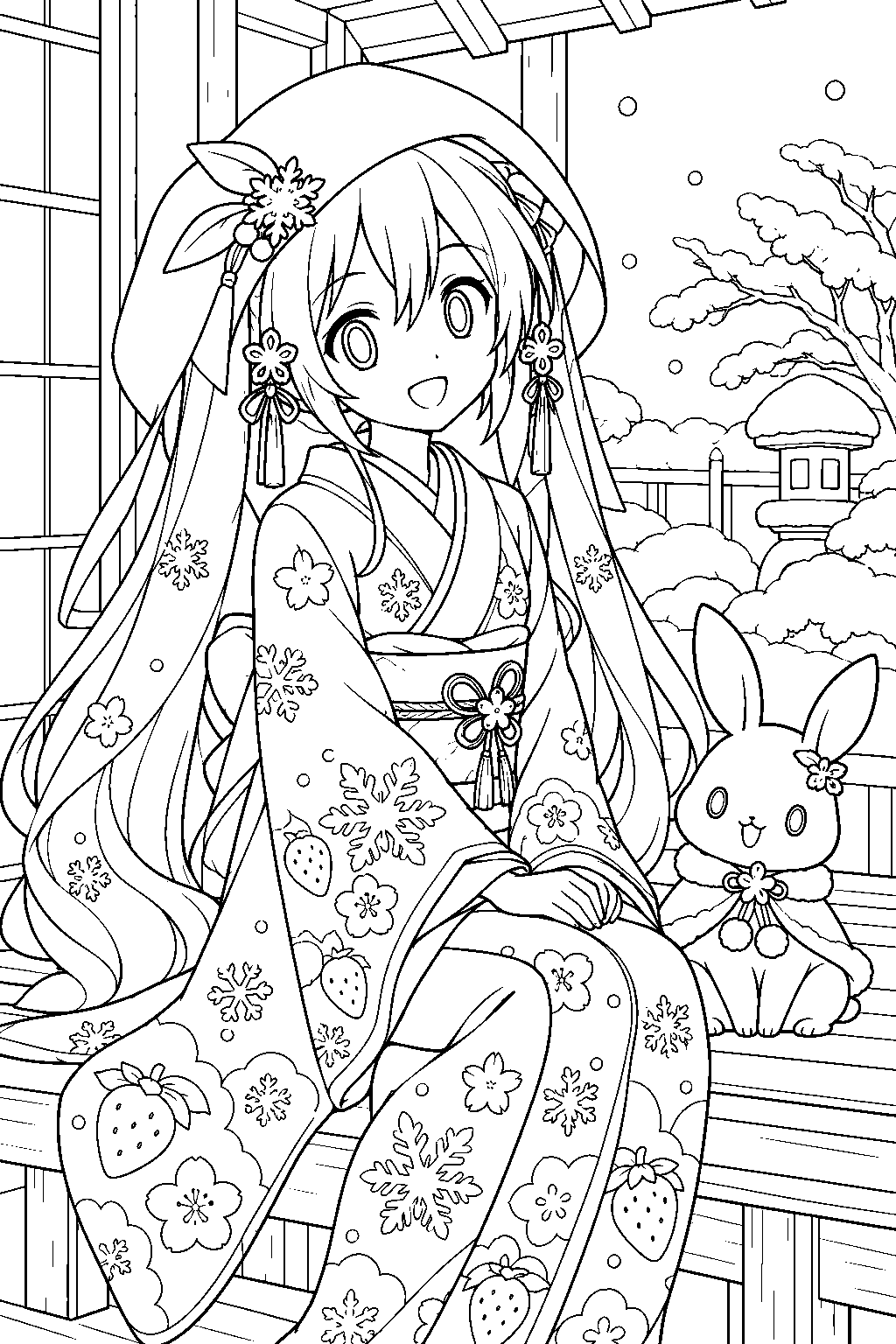 snow miku 2013 strawberry white kimono sitting beside a snow bunny on a winter veranda line art