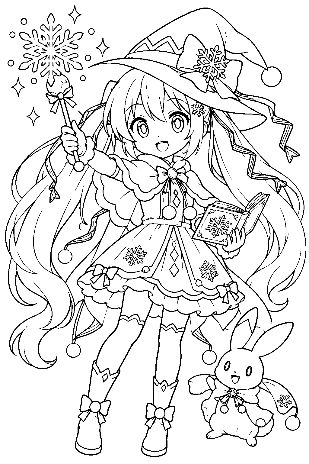 snow miku 2014 magical snow casting a snowflake spell with her magic wand line art