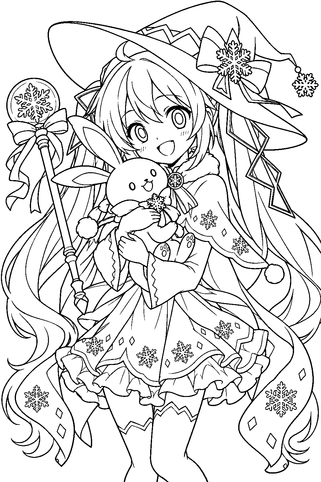 snow miku 2014 magical snow hugging rabbit yukine beneath her oversized witch hat line art