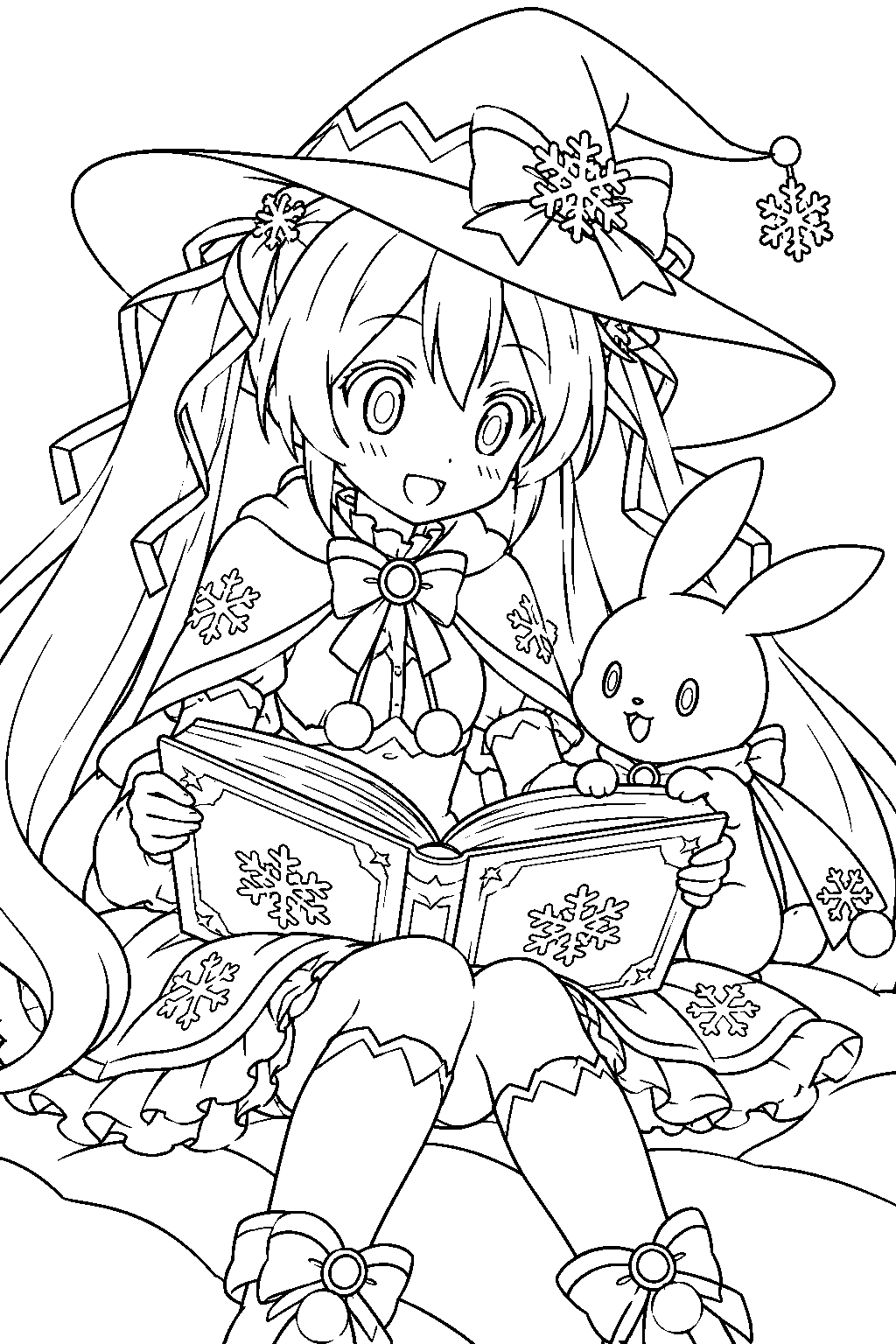 snow miku 2014 magical snow reading her spellbook with rabbit yukine line art