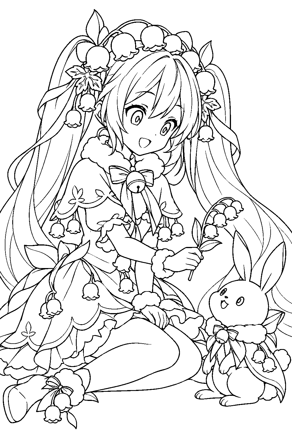 snow miku 2015 snow bell offering a lily of the valley flower to rabbit yukine line art