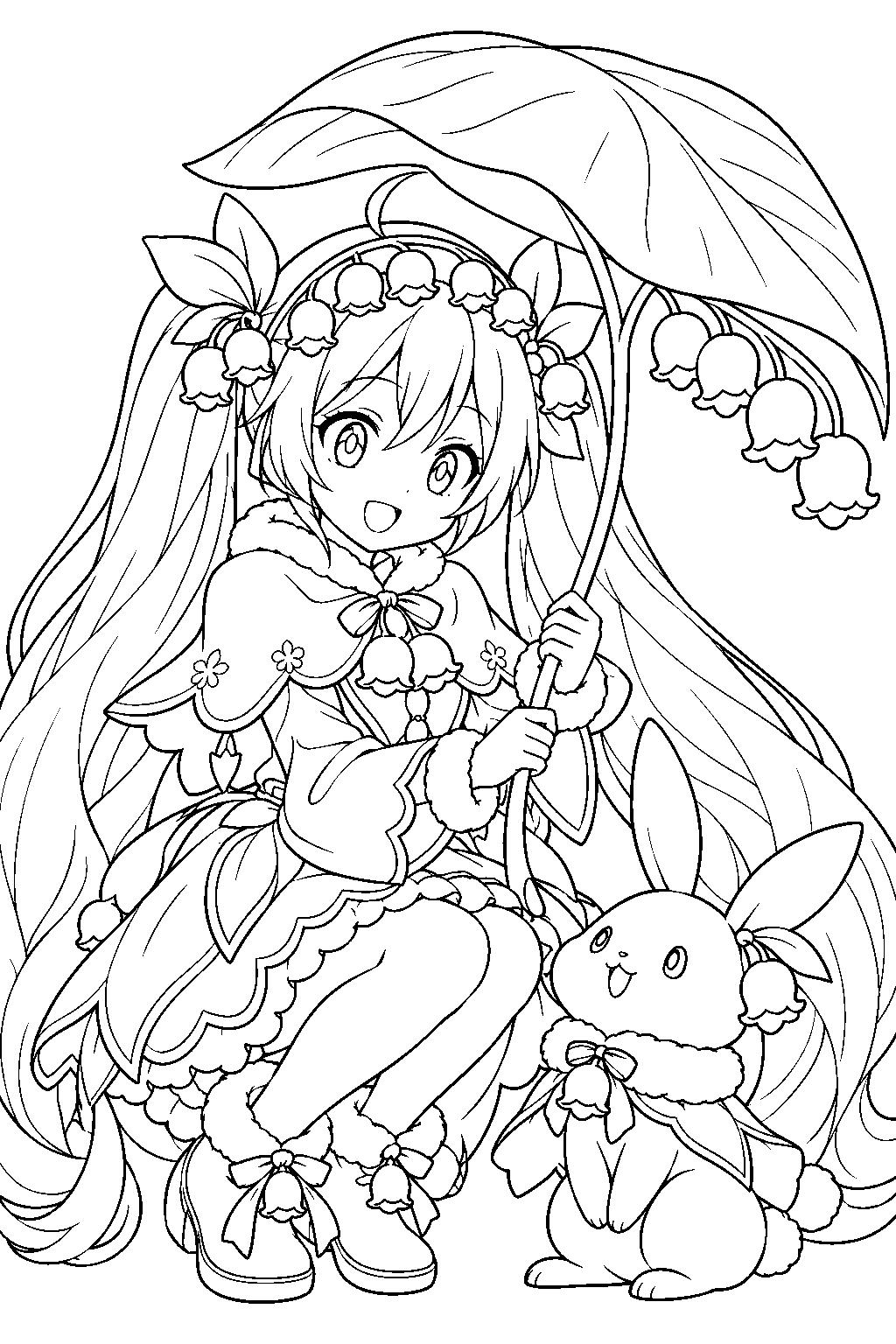 snow miku 2015 snow bell sheltering rabbit yukine beneath a leaf umbrella line art
