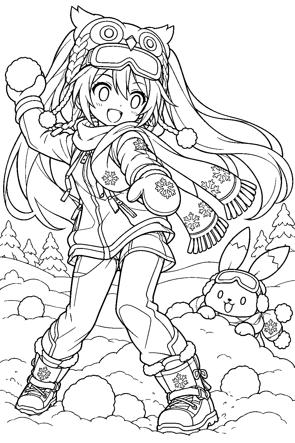 snow miku 2016 snow owl having a snowball fight with rabbit yukine line art