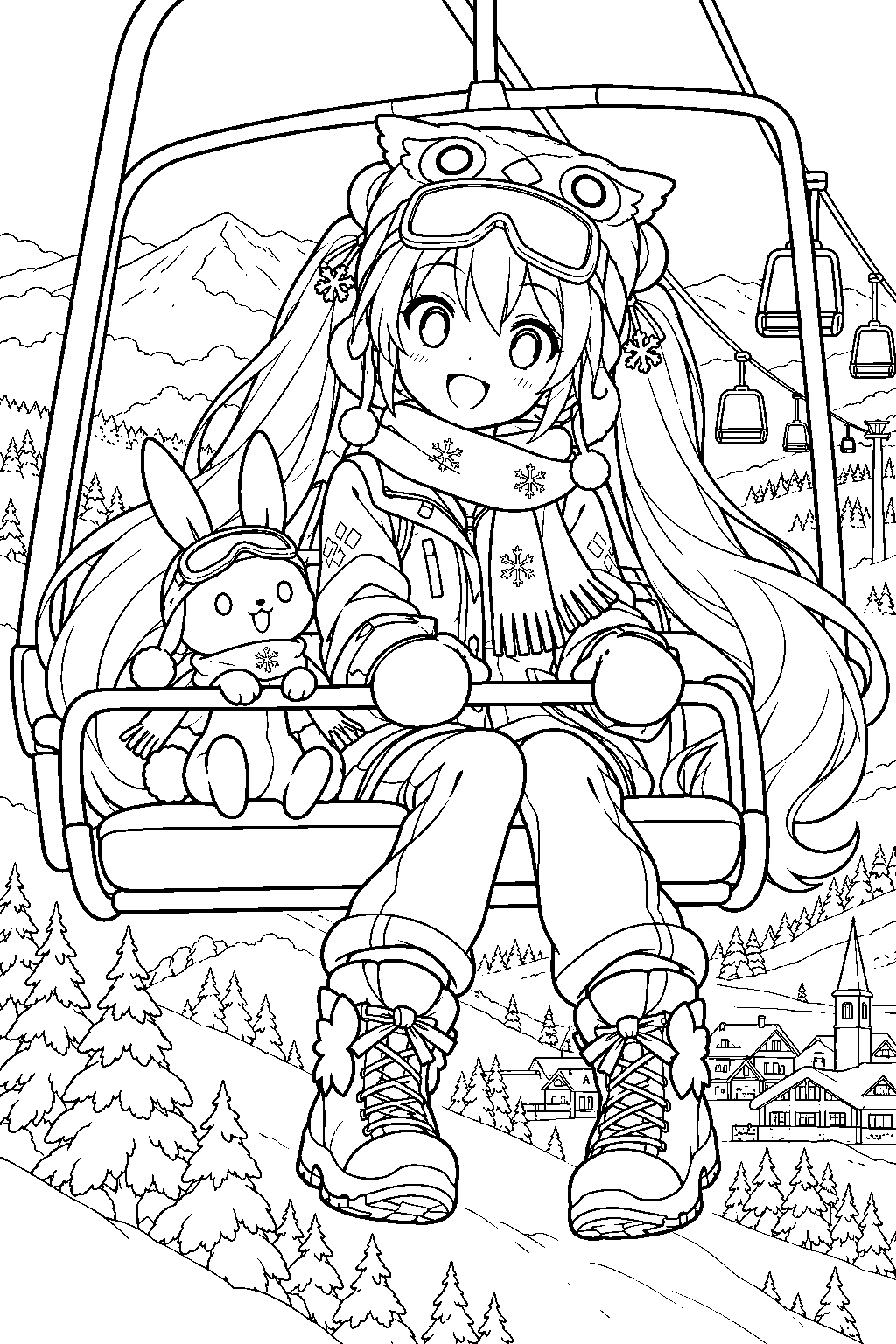 snow miku 2016 snow owl riding a ski lift above a snowy mountain resort line art