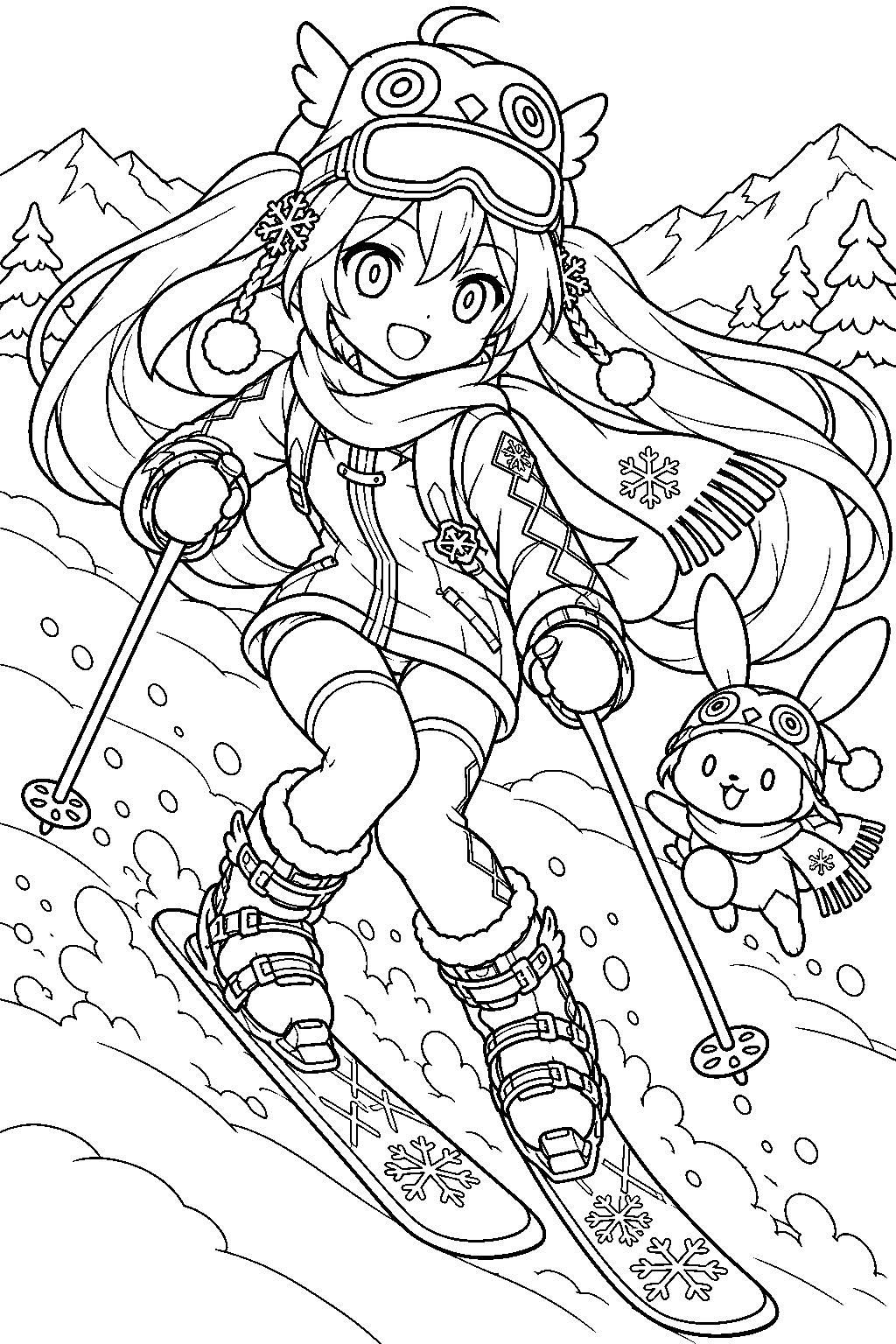 snow miku 2016 snow owl skiing down a snowy mountain with musical note ski poles line art