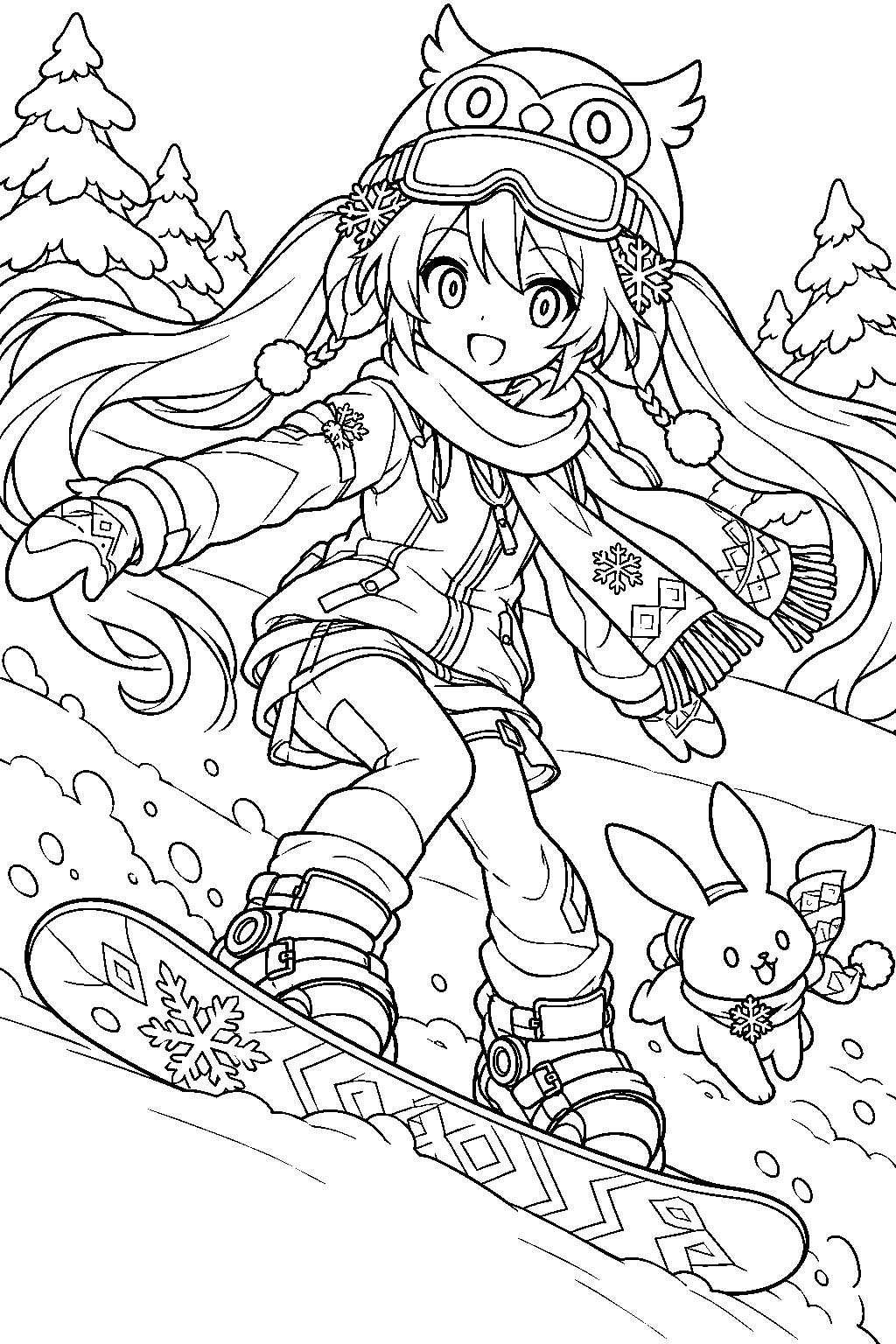 snow miku 2016 snow owl snowboarding along a gentle slope beneath snowy pine trees line art