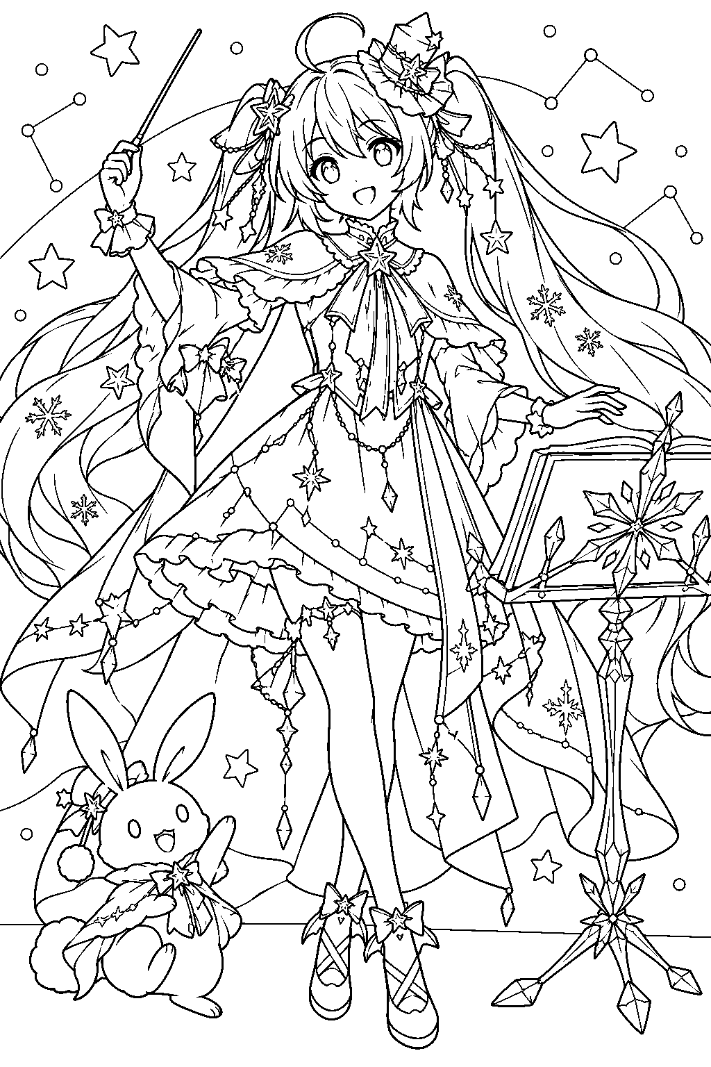 snow miku 2017 twinkle snow conducting a starry performance with a baton and icy music stand line art