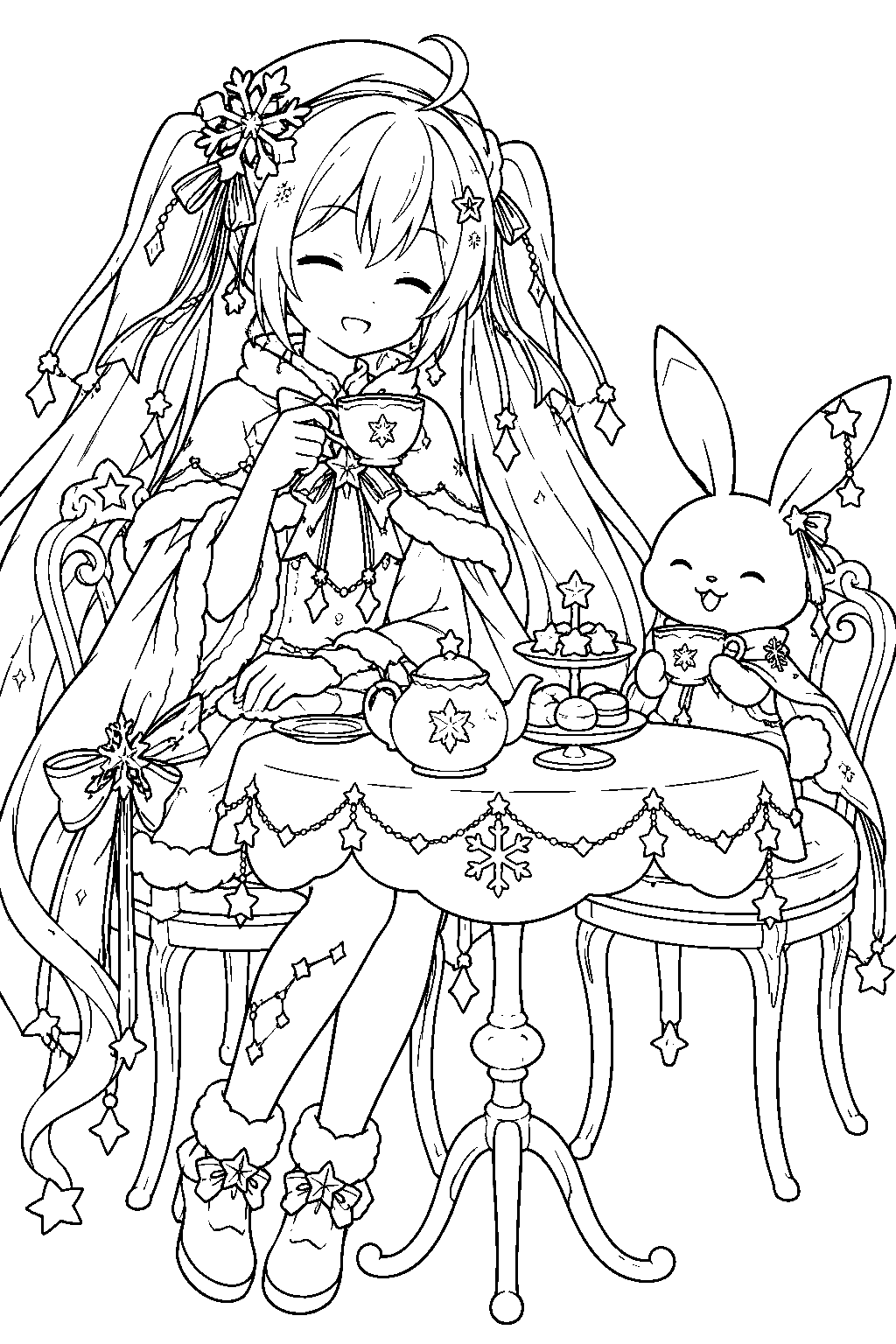snow miku 2017 twinkle snow having a tea party with rabbit yukine at a star covered table line art
