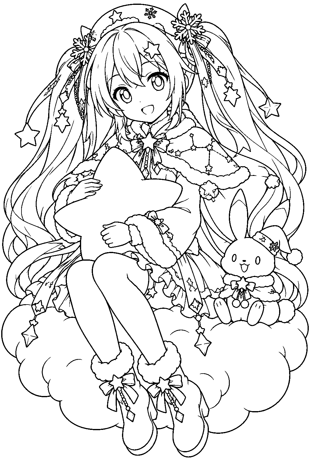 snow miku 2017 twinkle snow resting on a snow cloud with a star shaped cushion line art