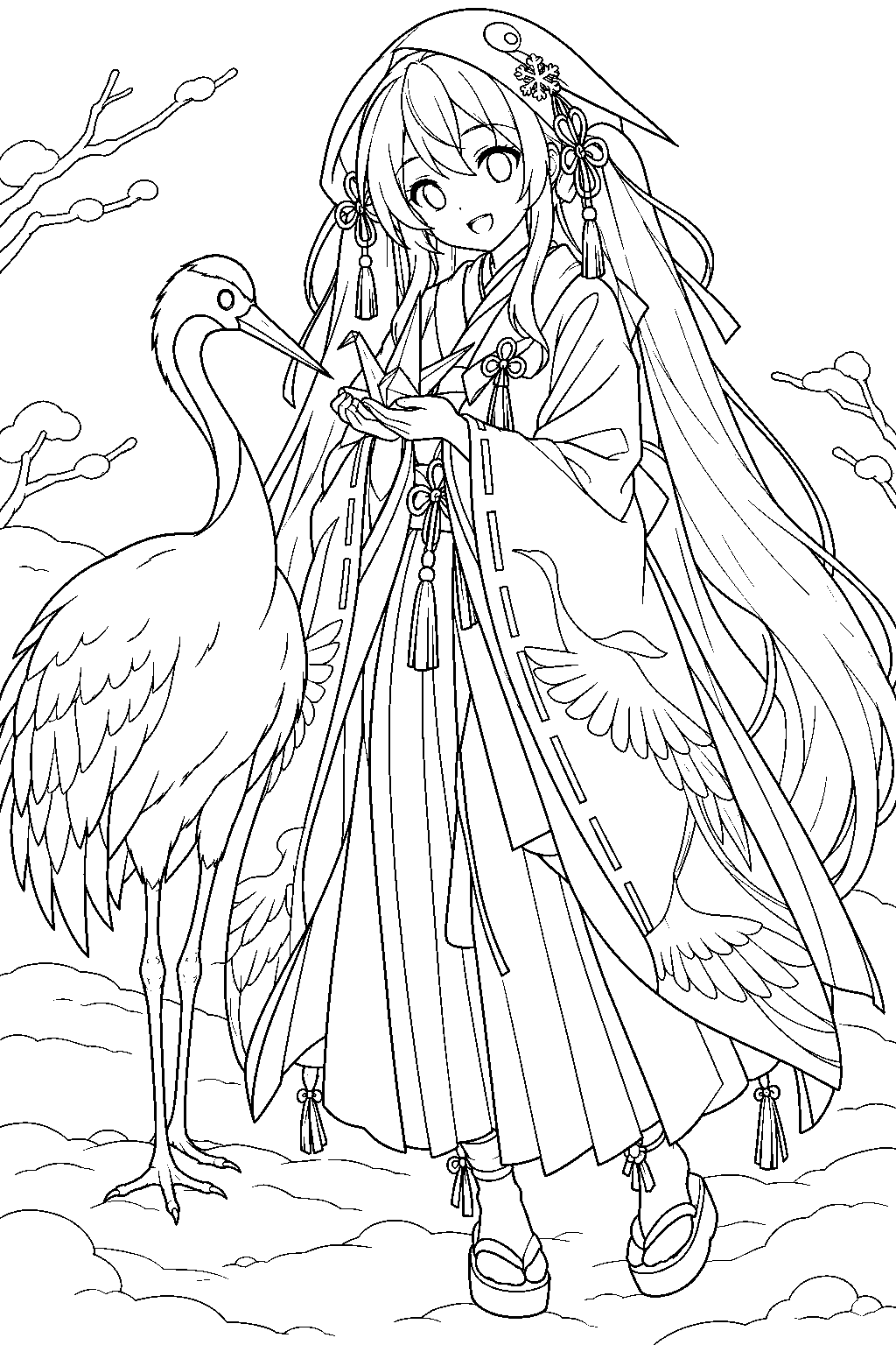snow miku 2018 crane priestess holding an ice crane beside a red crowned crane in the snow line art