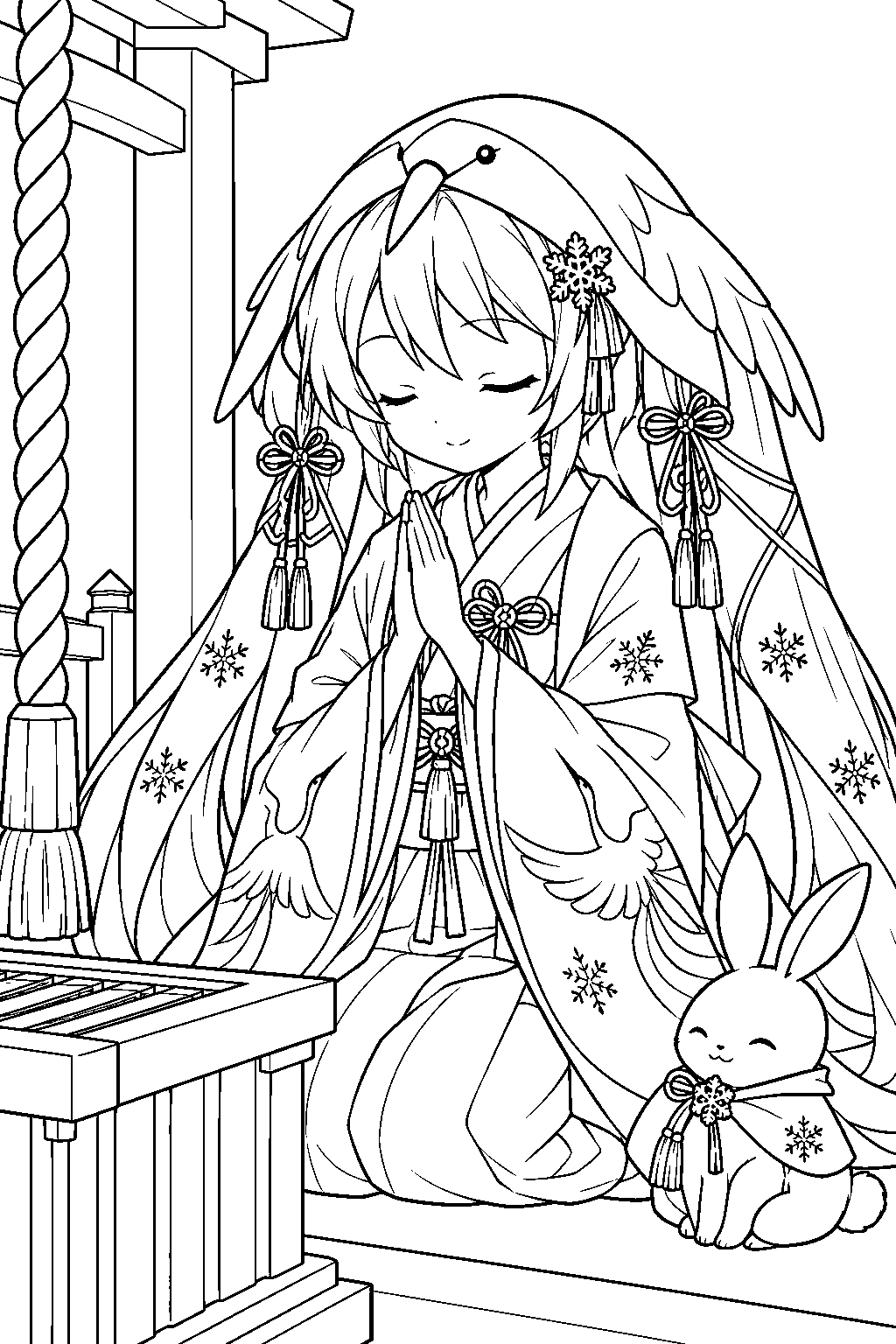 snow miku 2018 crane priestess kneeling in prayer beside a shrine offering stand line art