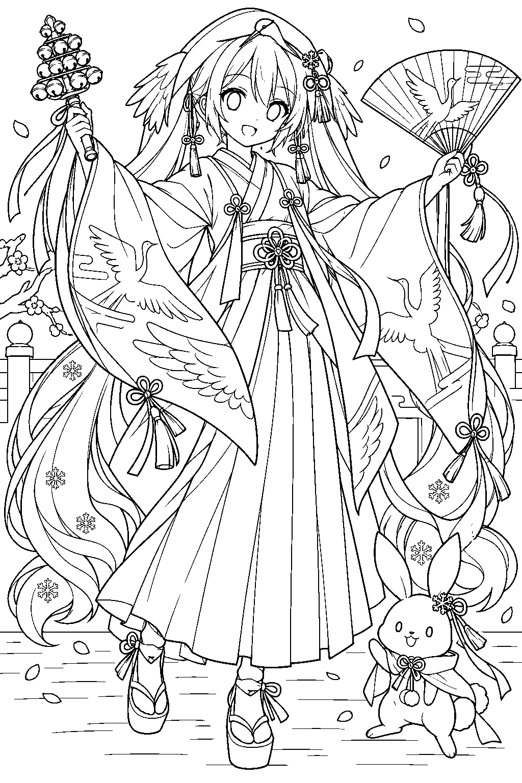 snow miku 2018 crane priestess performing a shrine dance with a folding fan and kagura bell line art