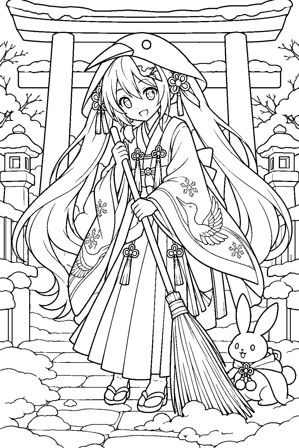 snow miku 2018 crane priestess sweeping a snowy shrine path beneath a torii gate line art
