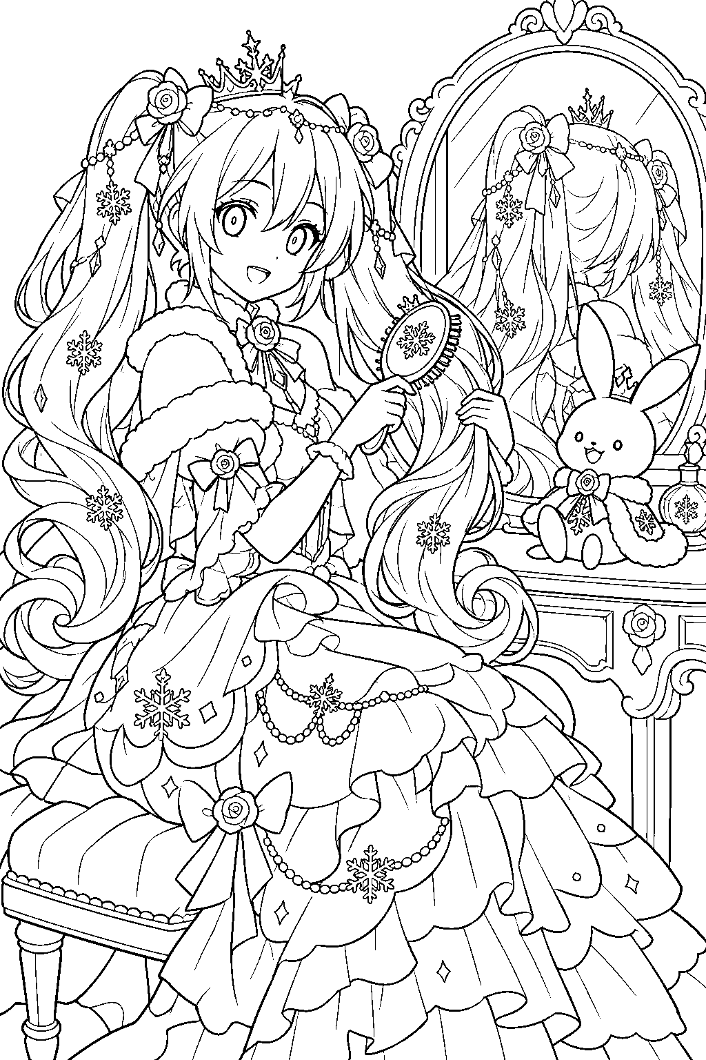 snow miku 2019 snow princess brushing her twin tails at a mirror with rabbit yukine line art