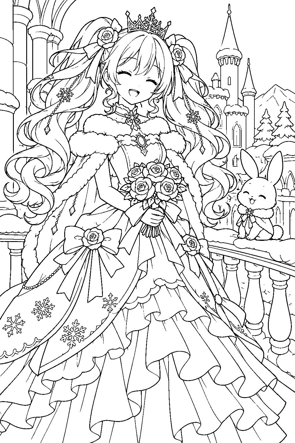 snow miku 2019 snow princess carrying a rose bouquet on a snowy castle balcony line art