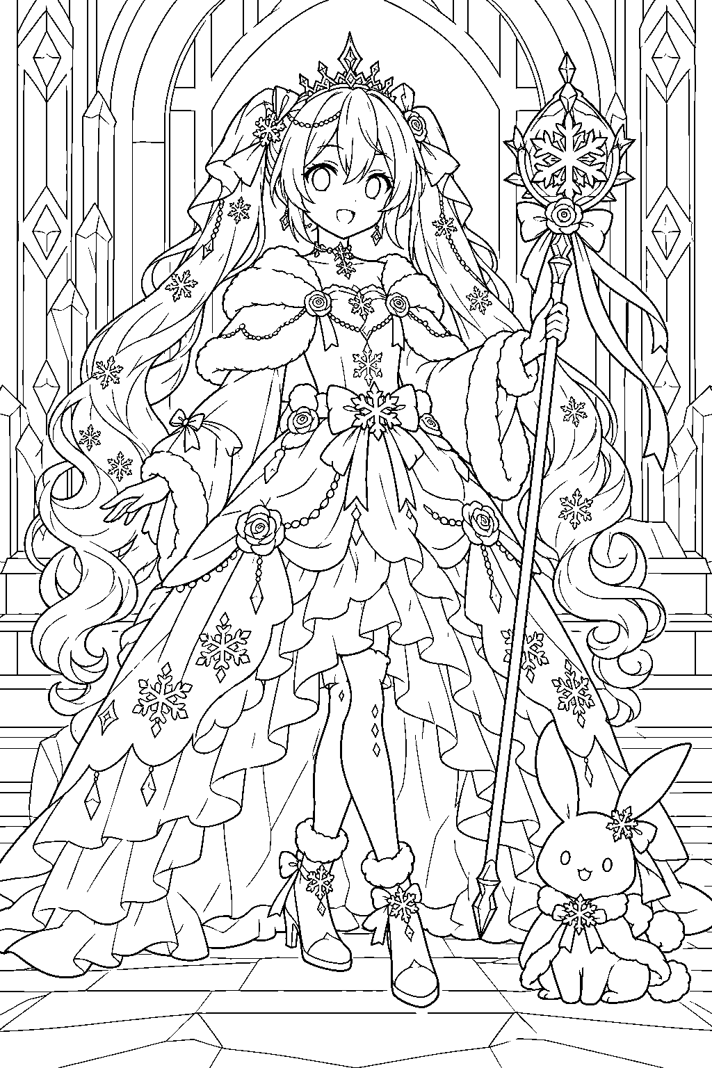 snow miku 2019 snow princess holding her royal staff at the entrance to an ice palace line art