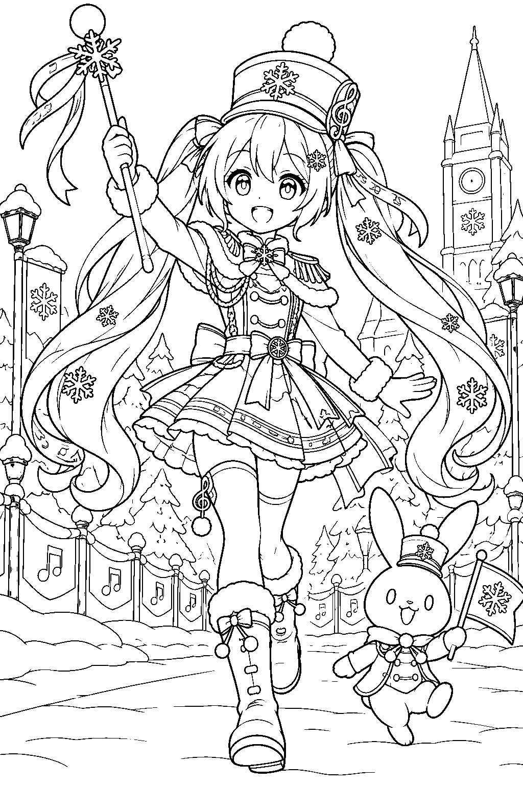 snow miku 2020 snow parade leading a winter marching parade with her baton line art