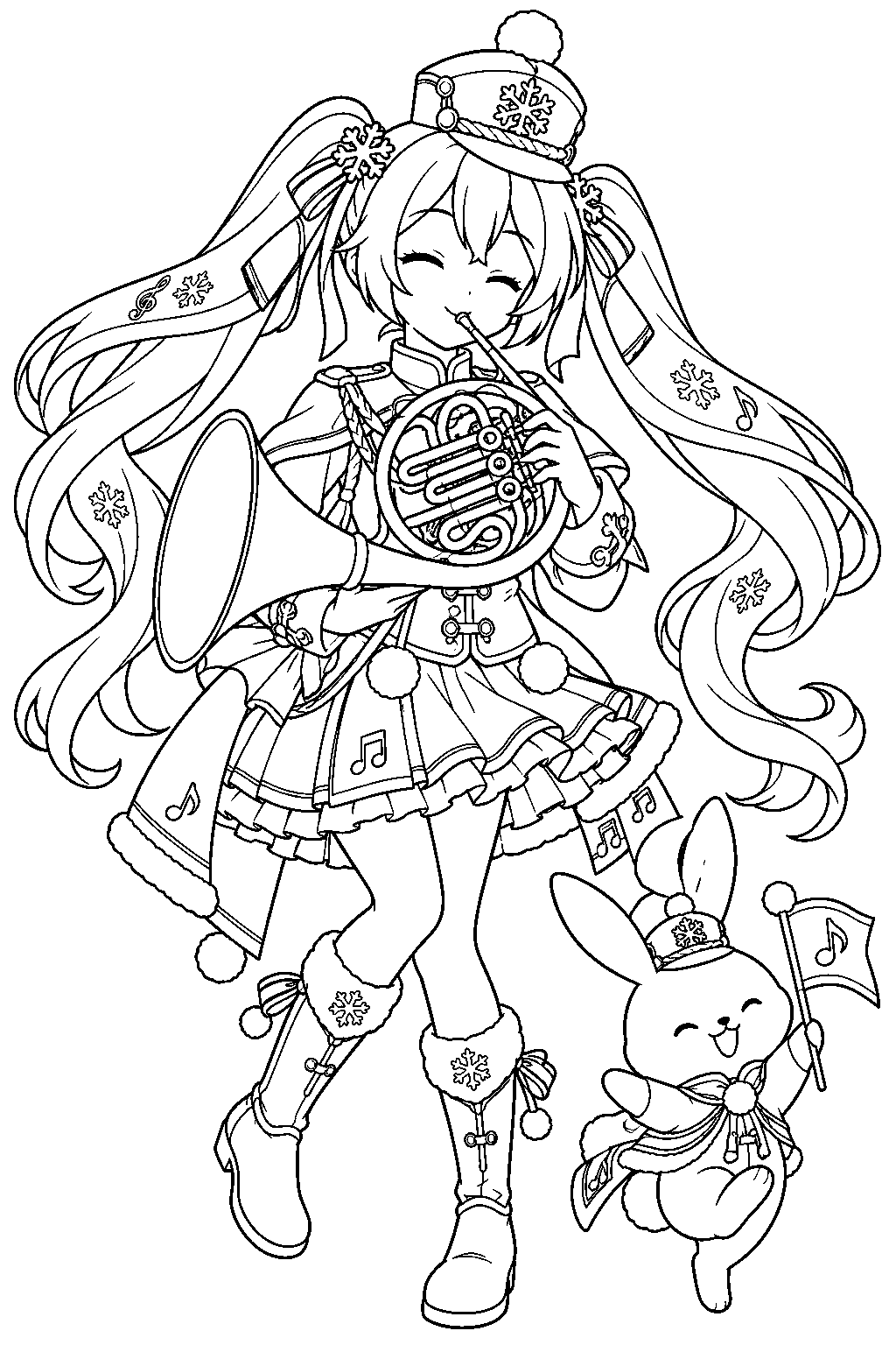 snow miku 2020 snow parade playing a french horn beside rabbit yukine line art