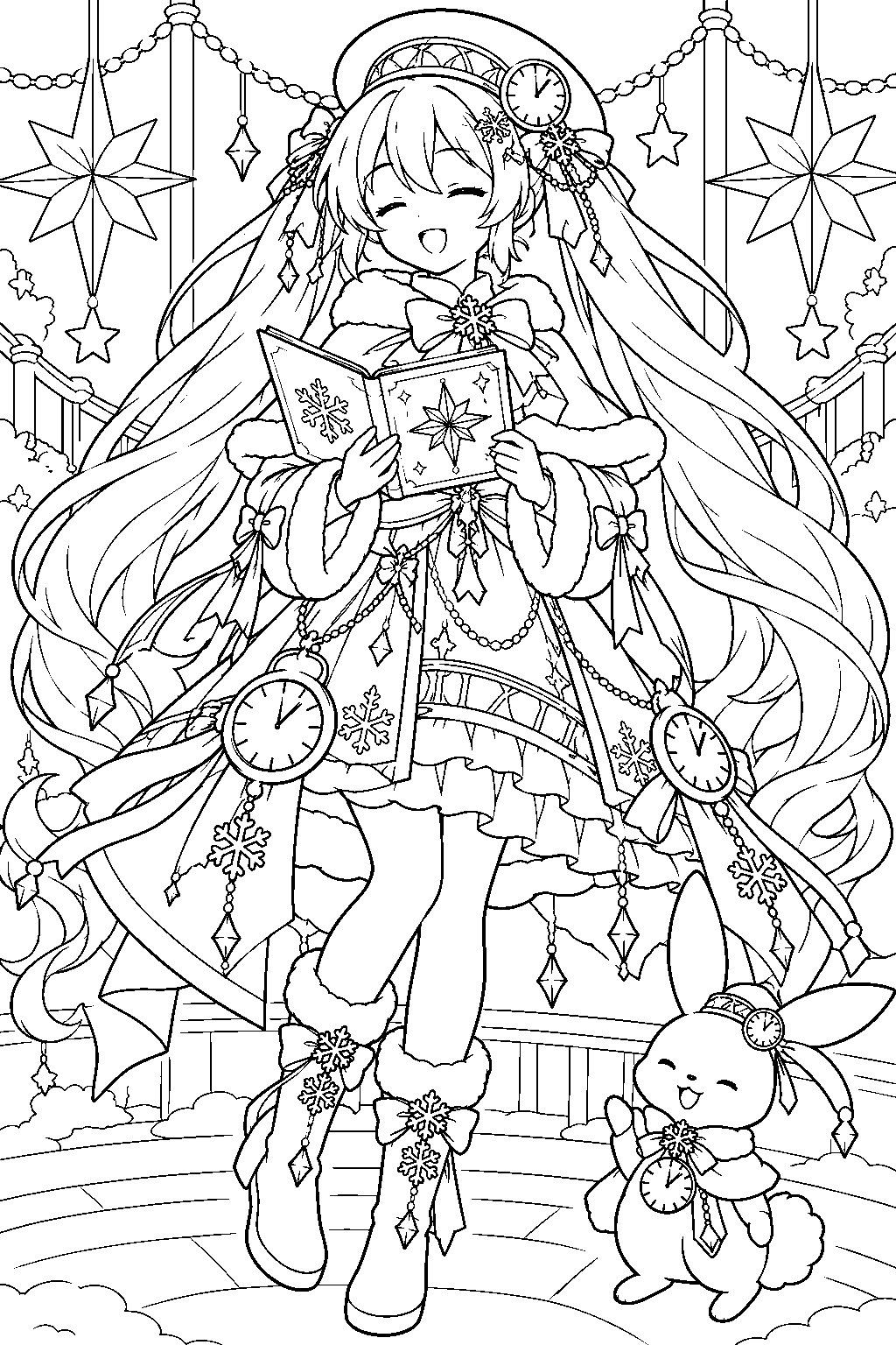 snow miku 2021 glowing snow singing from her songbook beneath winter illuminations line art