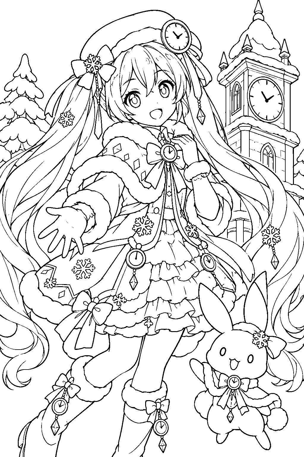 snow miku 2021 glowing snow wearing her clock beret beside a snow covered clock tower line art