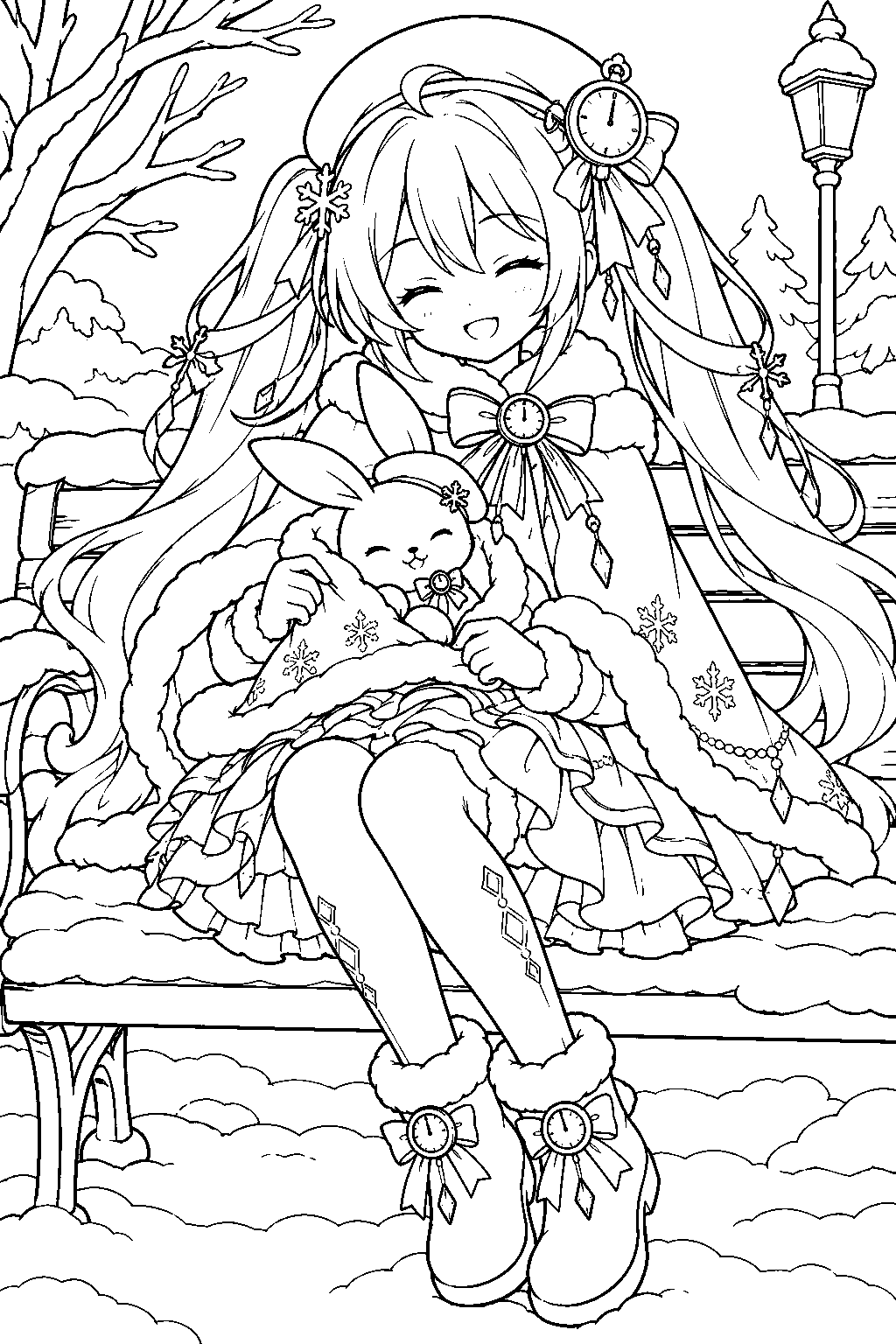snow miku 2021 glowing snow wrapping rabbit yukine in her cape on a snowy park bench line art
