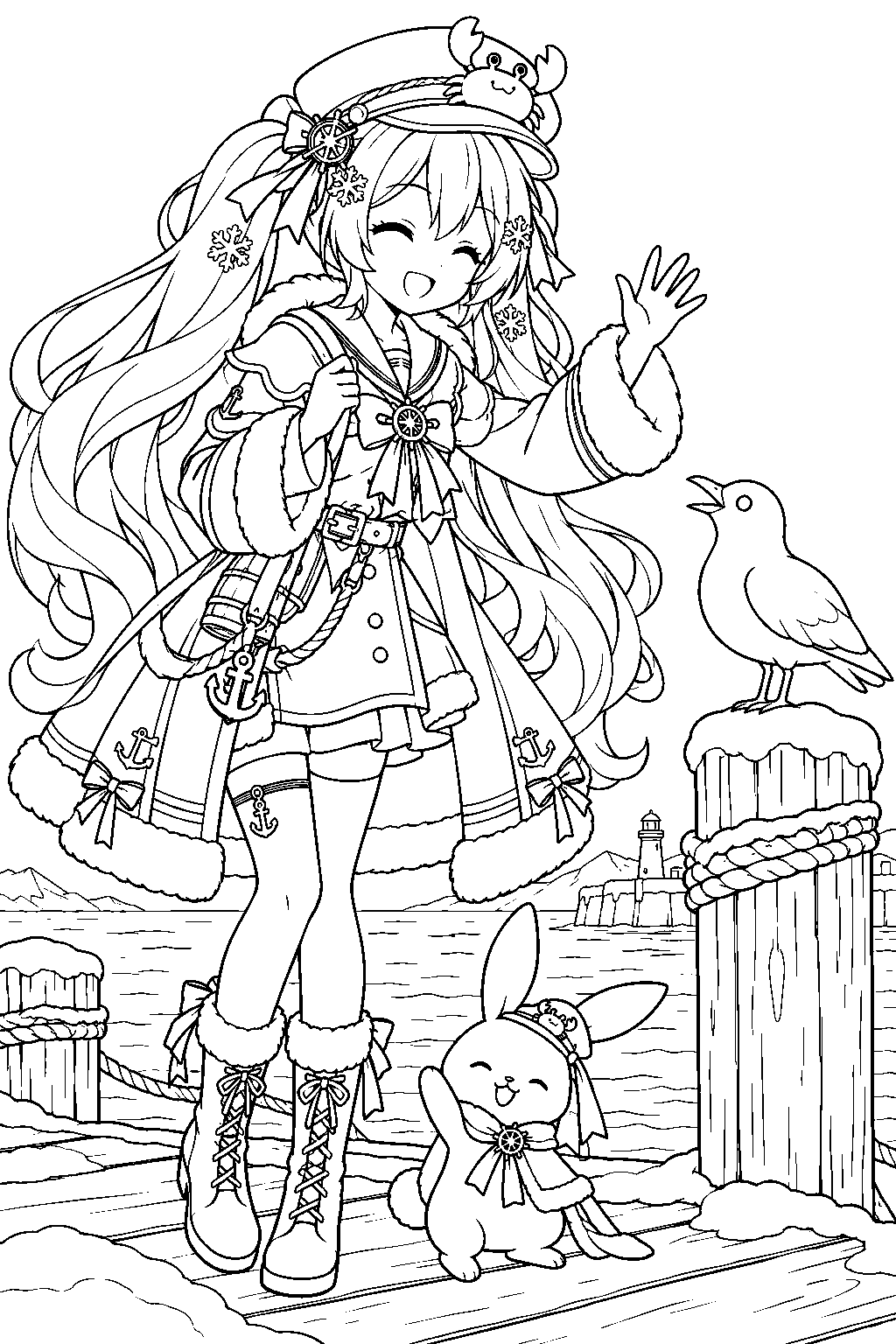snow miku 2022 grand voyage greeting a seagull on a snow covered dock line art