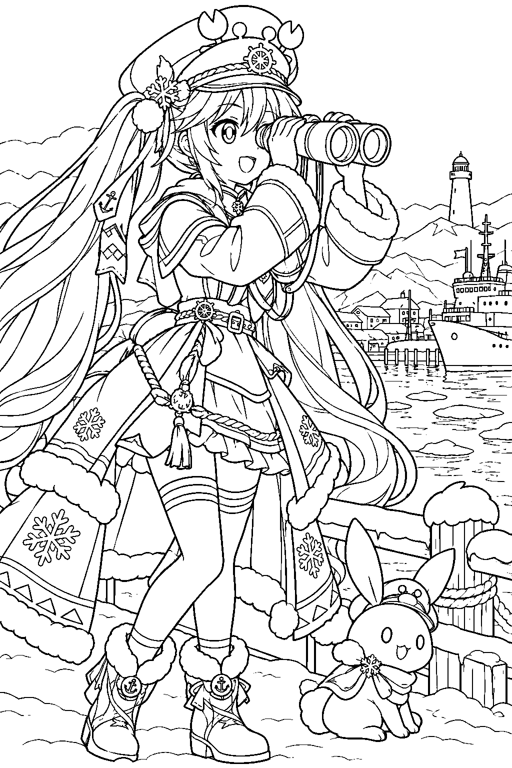 snow miku 2022 grand voyage looking through binoculars toward a snowy harbor line art
