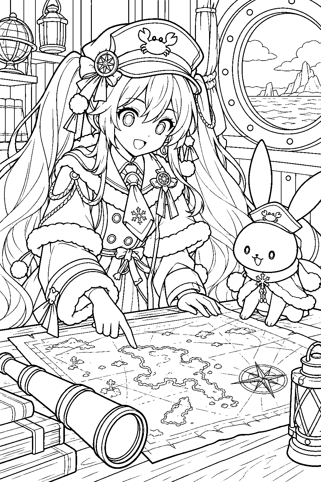 snow miku 2022 grand voyage studying a nautical chart with rabbit yukine in a ship cabin line art