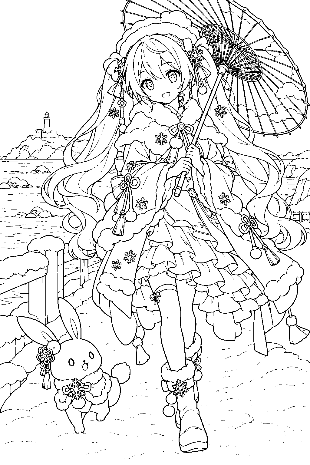 snow miku 2023 serene winter carrying a japanese umbrella along a snowy coastal path line art