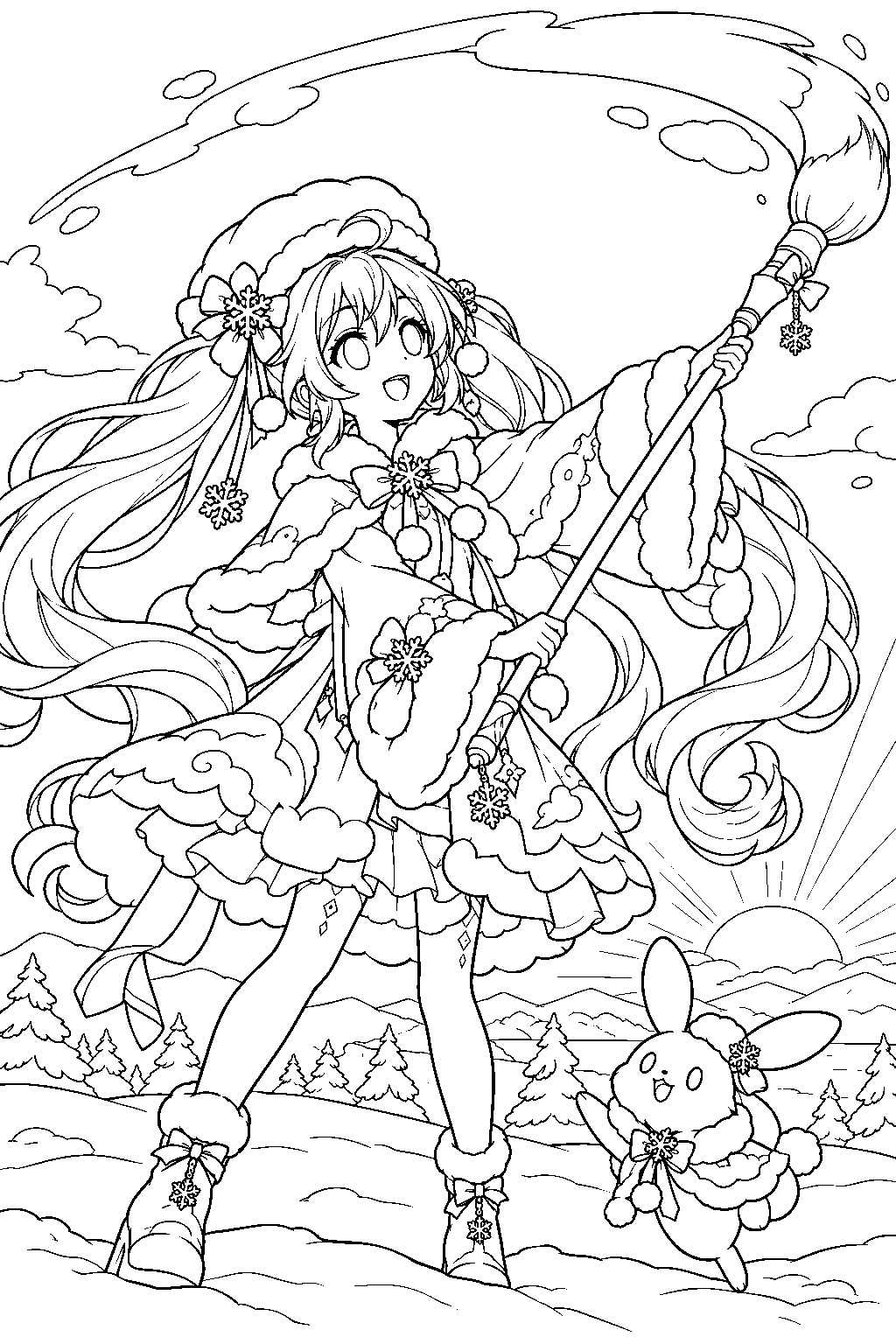 snow miku 2023 serene winter painting the morning sky with her large paintbrush line art