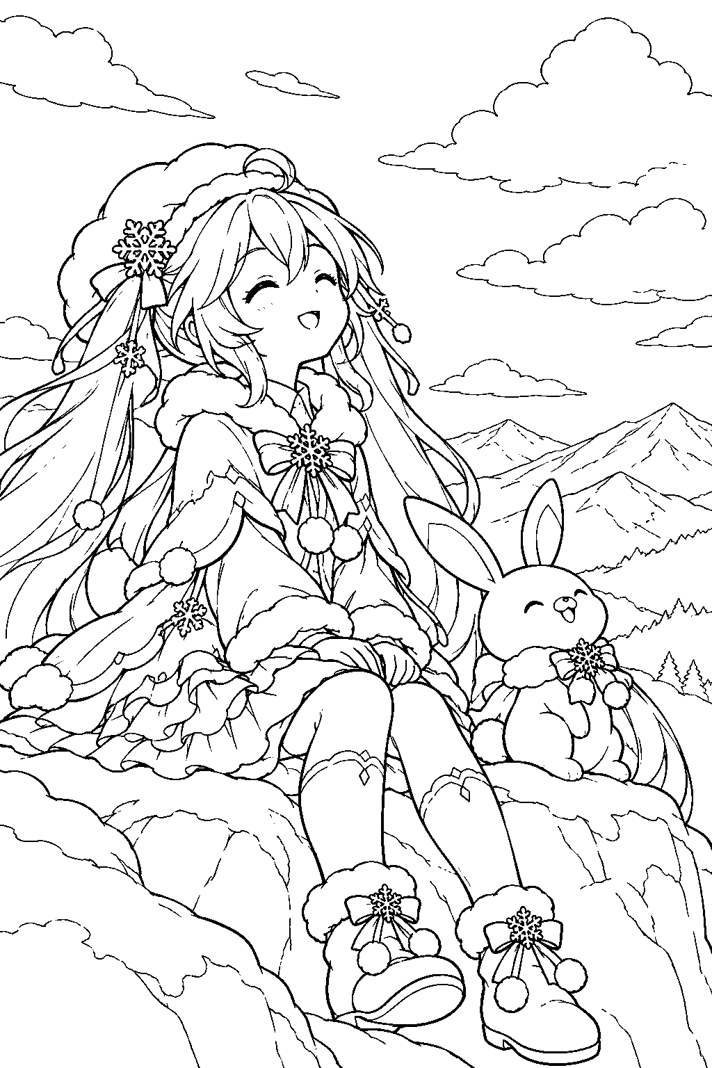 snow miku 2023 serene winter watching winter clouds with rabbit yukine from a mountain viewpoint line art