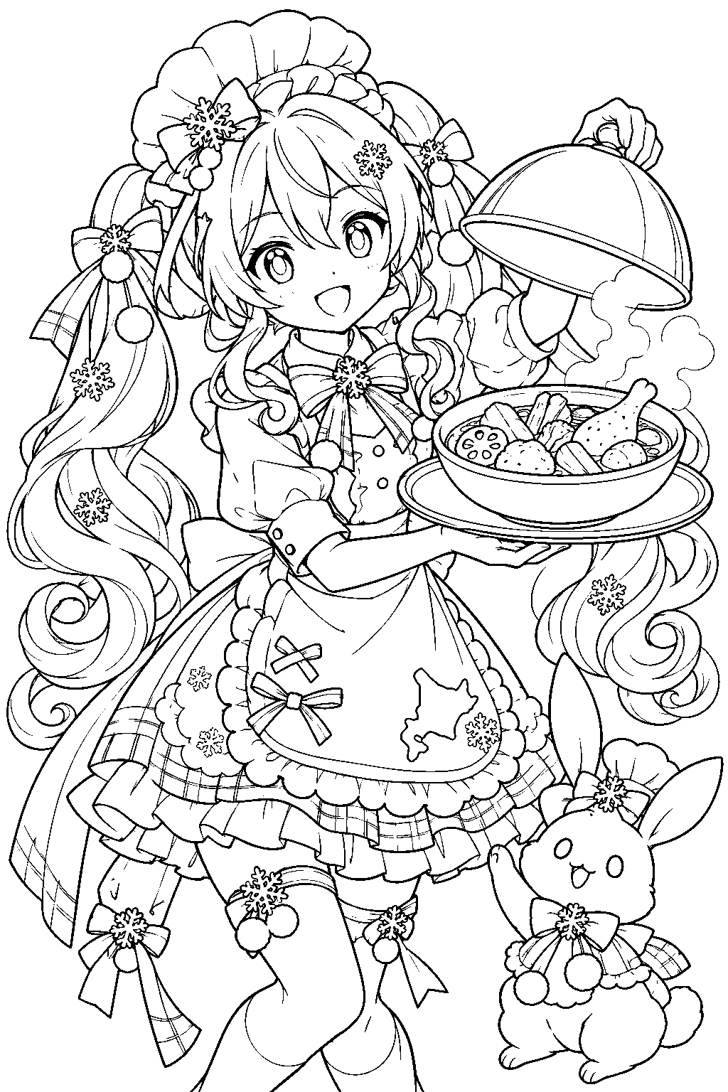 snow miku 2024 winter delicacy serving hokkaido soup curry beneath a lifted cloche line art