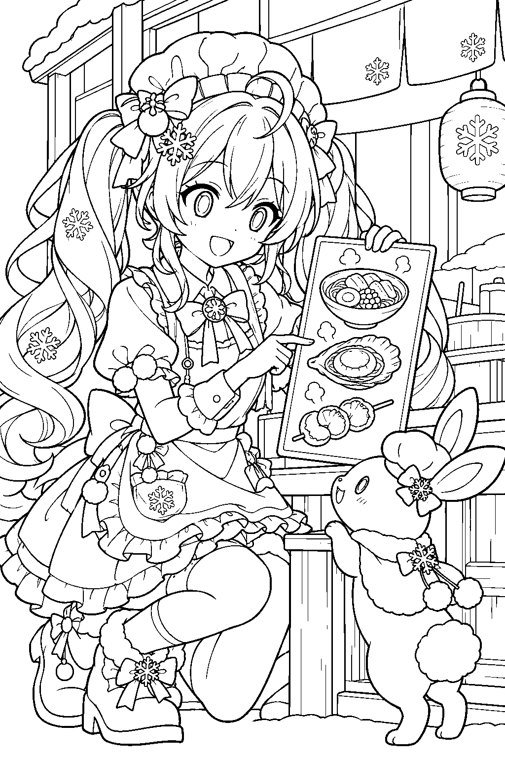 snow miku 2024 winter delicacy showing rabbit yukine a menu at a winter food stall line art