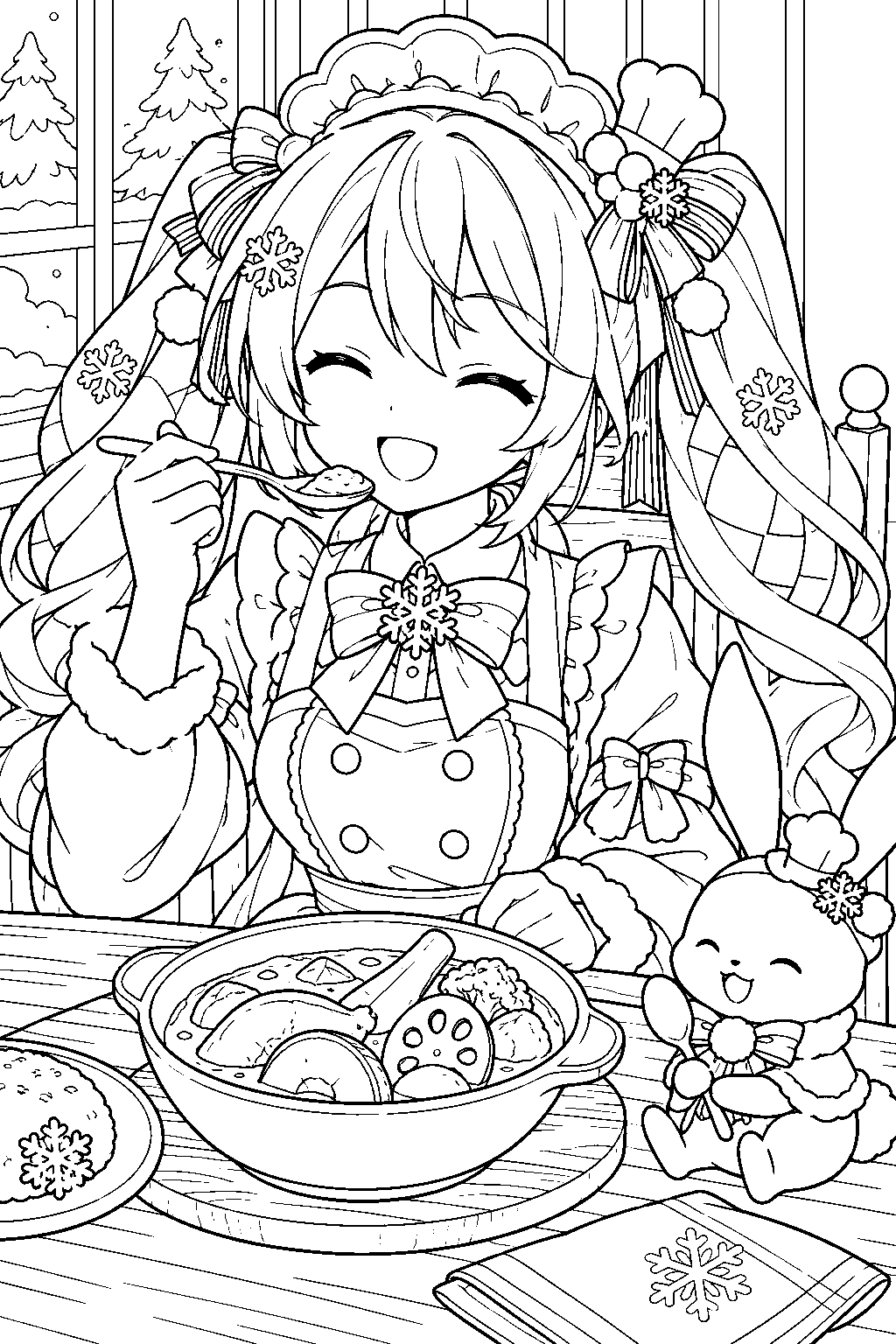 snow miku 2024 winter delicacy tasting soup curry with a spoon at a cozy dining table line art