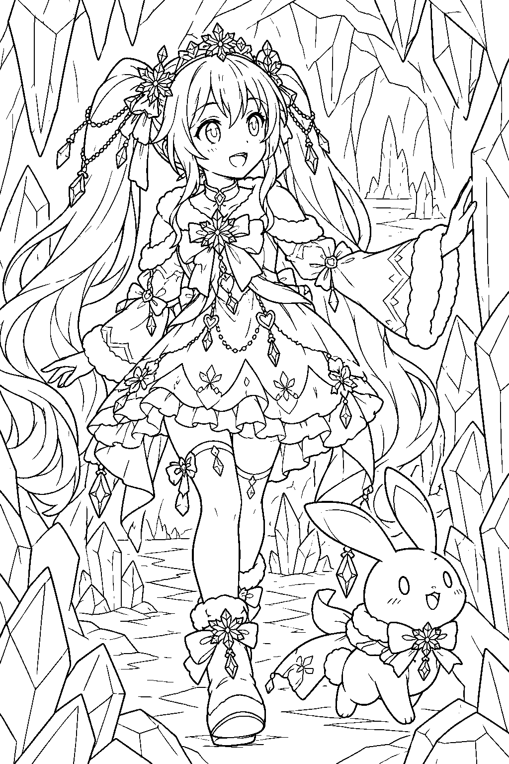 snow miku 2025 crystal snow exploring an ice crystal cave with rabbit yukine line art
