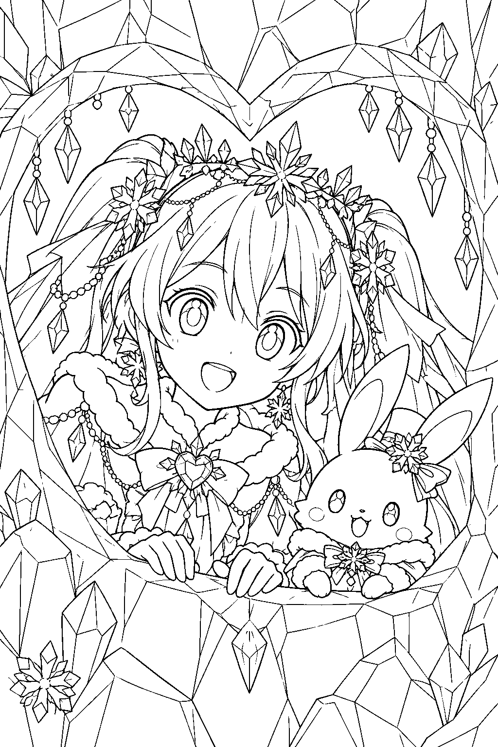 snow miku 2025 crystal snow looking through a heart shaped ice window with rabbit yukine line art