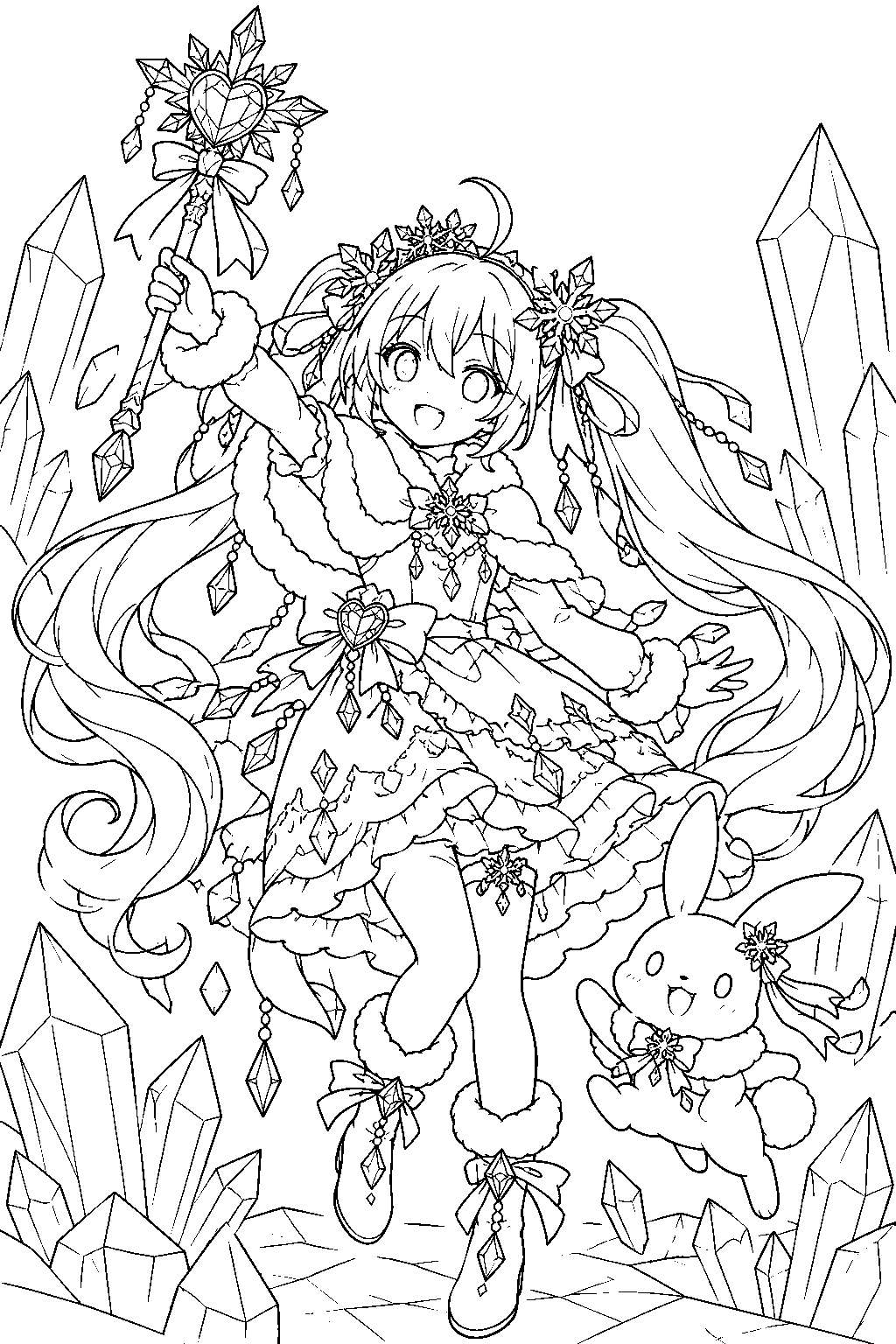snow miku 2025 crystal snow raising her crystal wand in an ice crystal garden line art