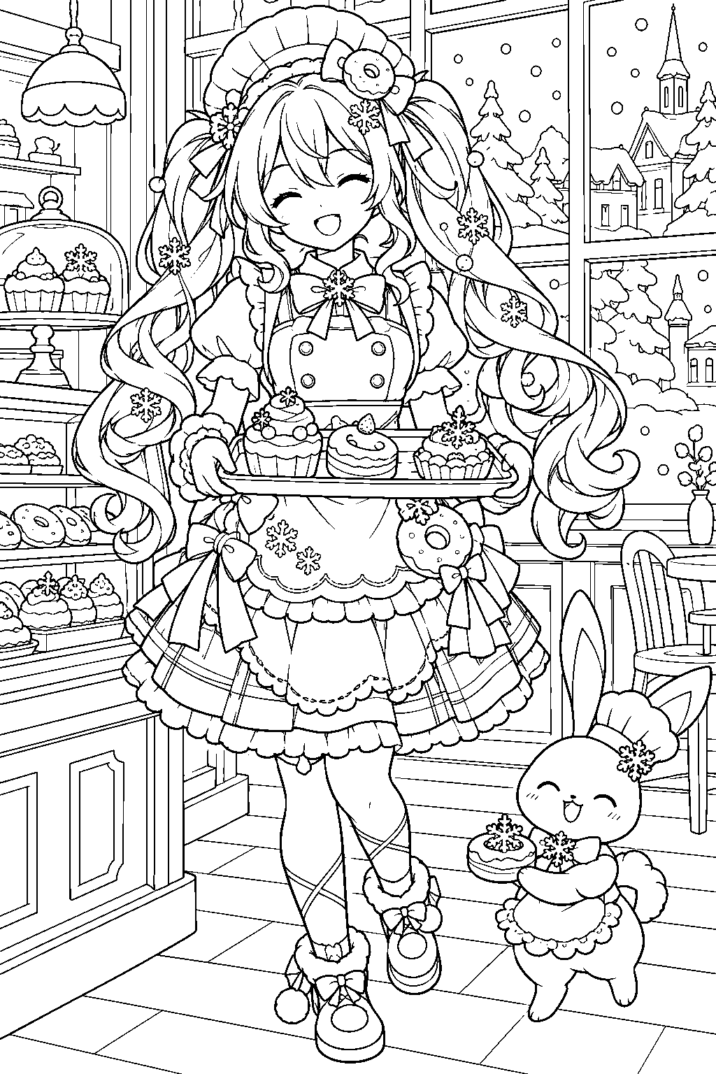 snow miku 2026 sweet snow carrying a pastry tray in a patisserie with snow outside the window line art