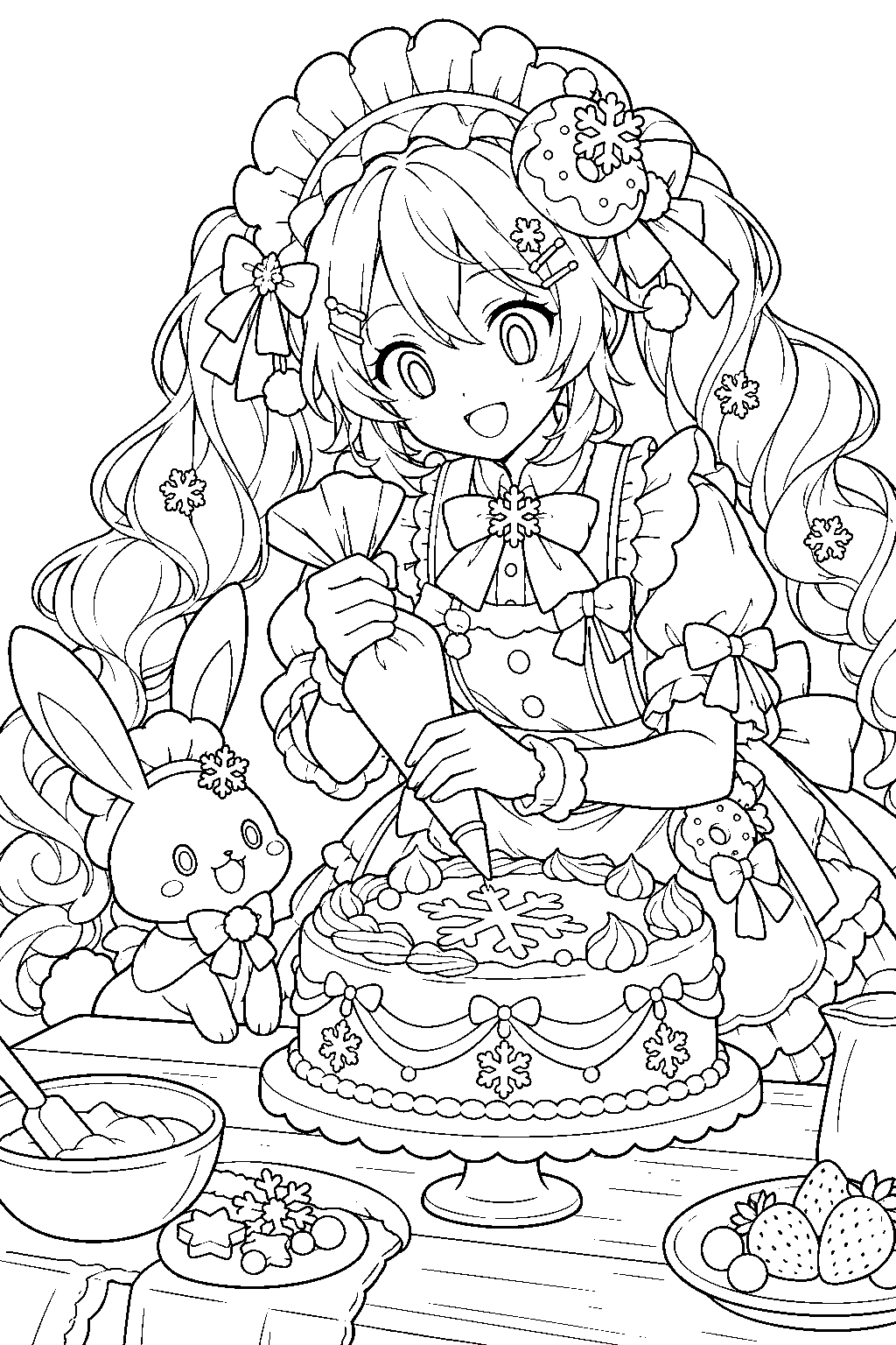 snow miku 2026 sweet snow decorating a snowflake cake with rabbit yukine line art