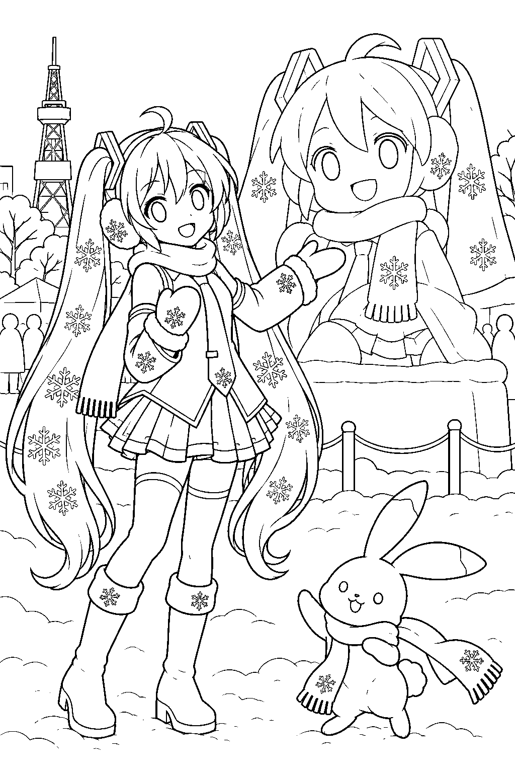 snow miku and rabbit yukine visiting her snow sculpture at sapporo snow festival line art