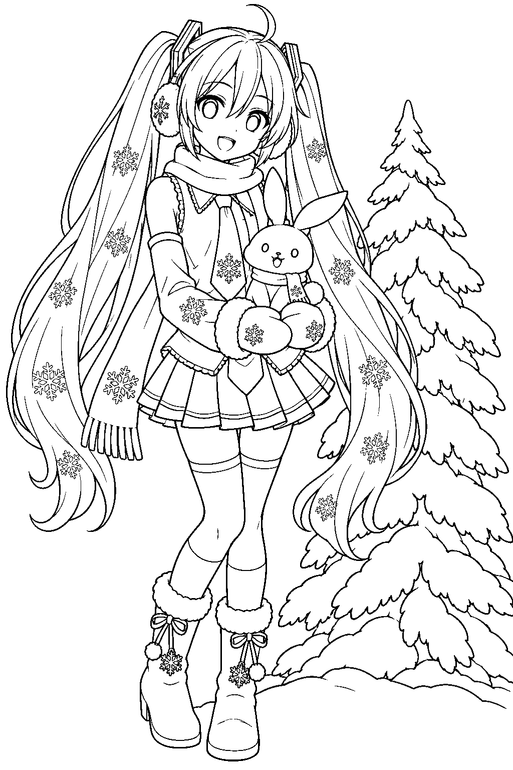 snow miku holding rabbit yukine beside a snow covered fir tree line art