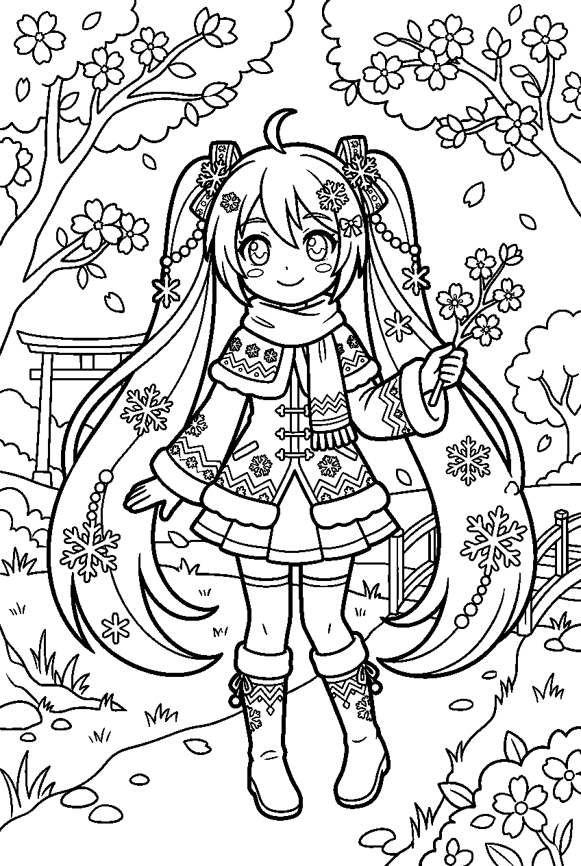 snow miku in cherry blossom garden line art